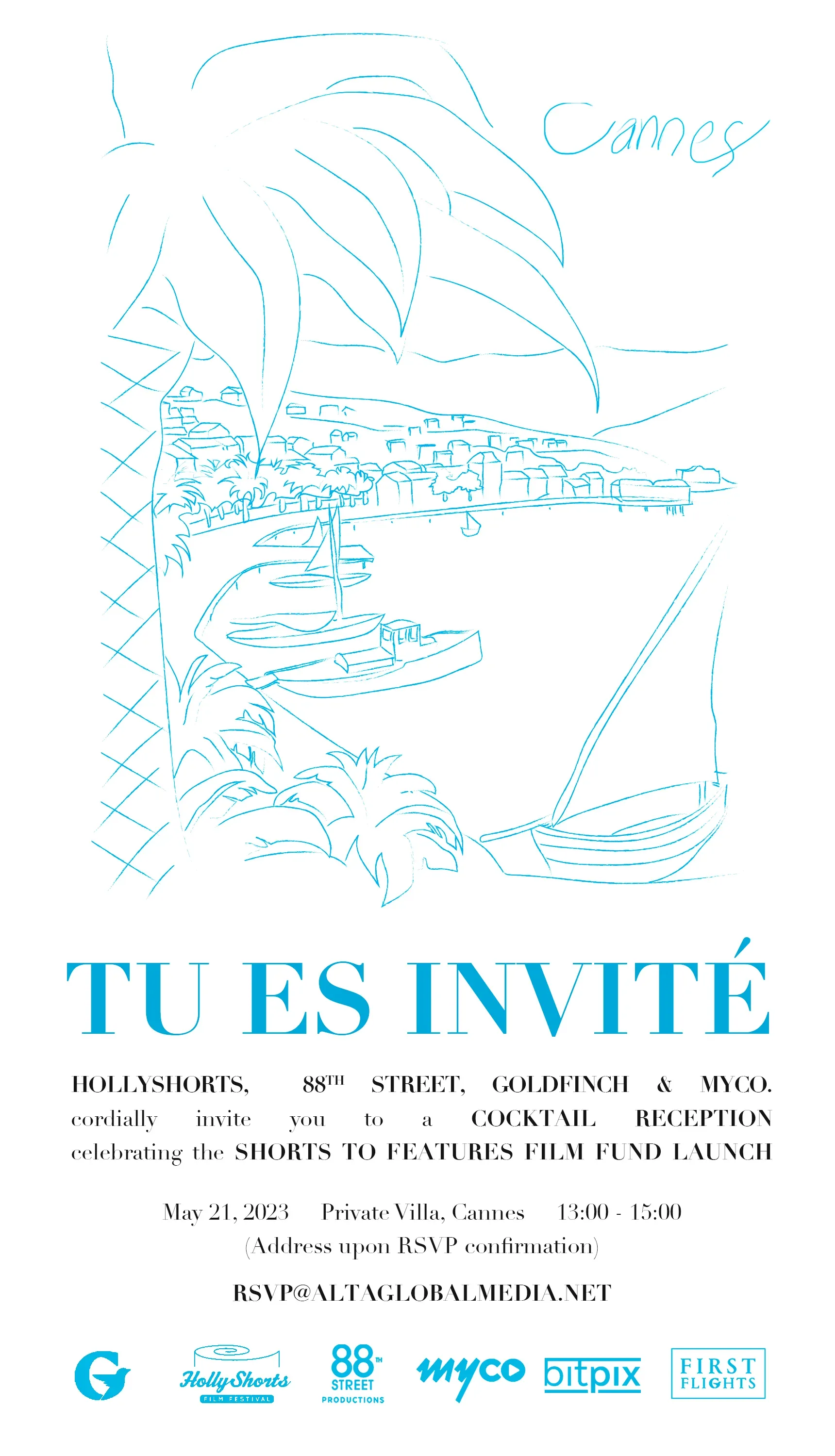 The invitation, front: a blue line drawing of the coast above the words “Tu es invité.”