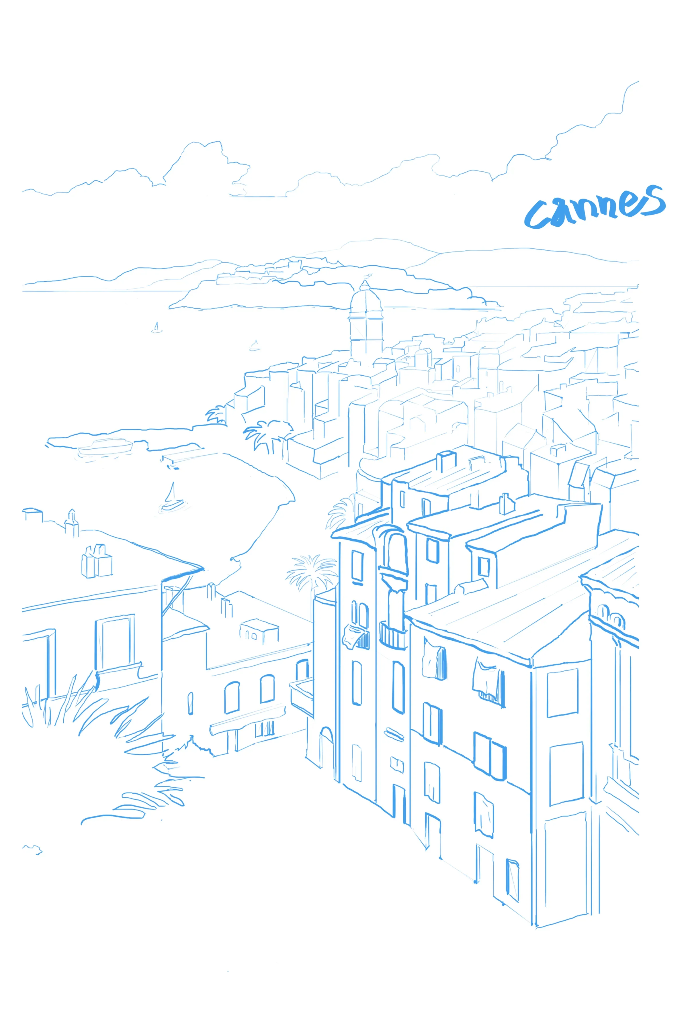 A blue line drawing of a Cannes building.