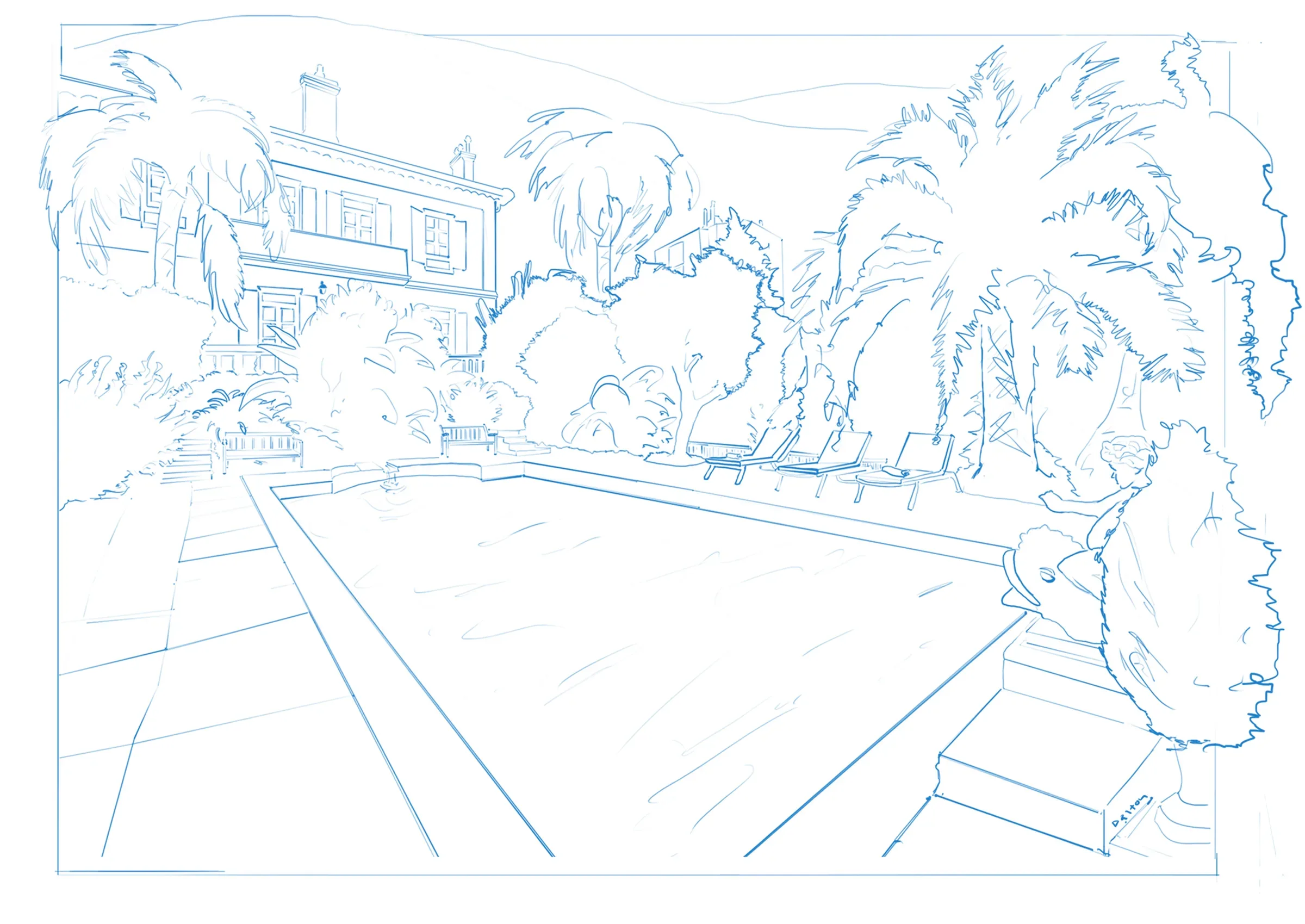 A blue line drawing of a Cannes street.