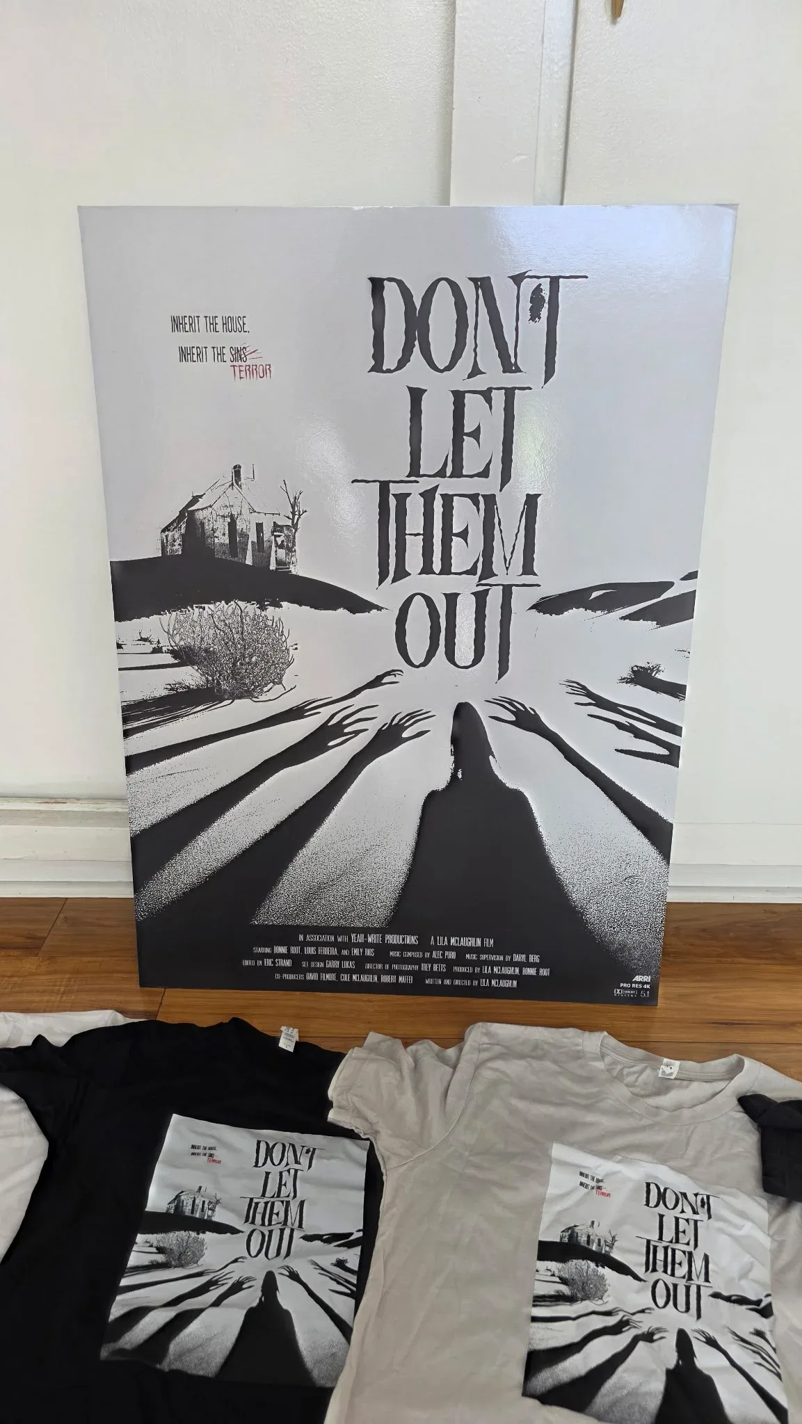 The printed poster on the wall, with black and white tees printed with the poster.