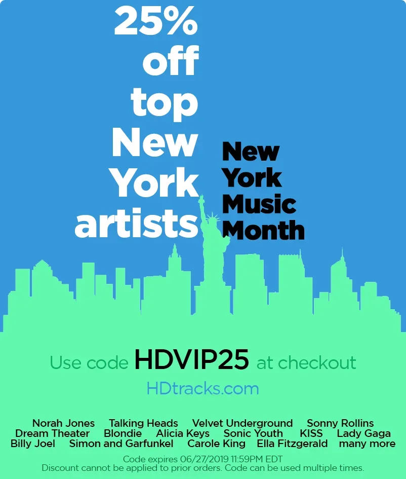 A campaign ad: 25% off top New York artists for New York Music Month.
