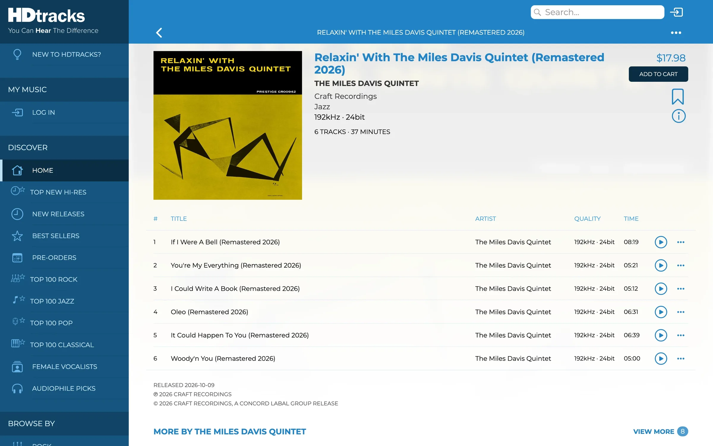 An album page: each track with its sample rate and bit depth, and the price beside the cover.