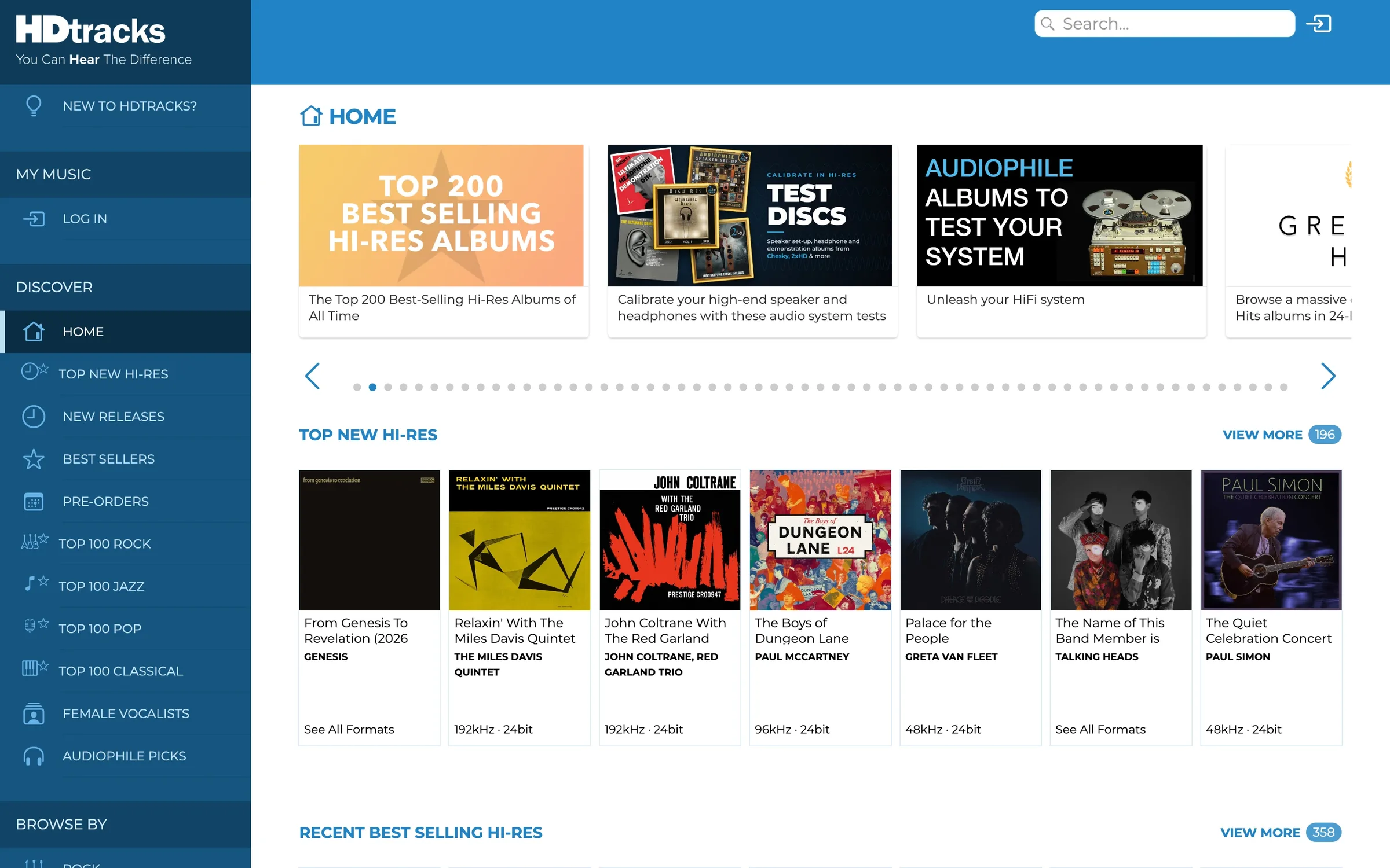 The HDtracks store: charts in the sidebar, featured collections and the newest high-resolution albums.