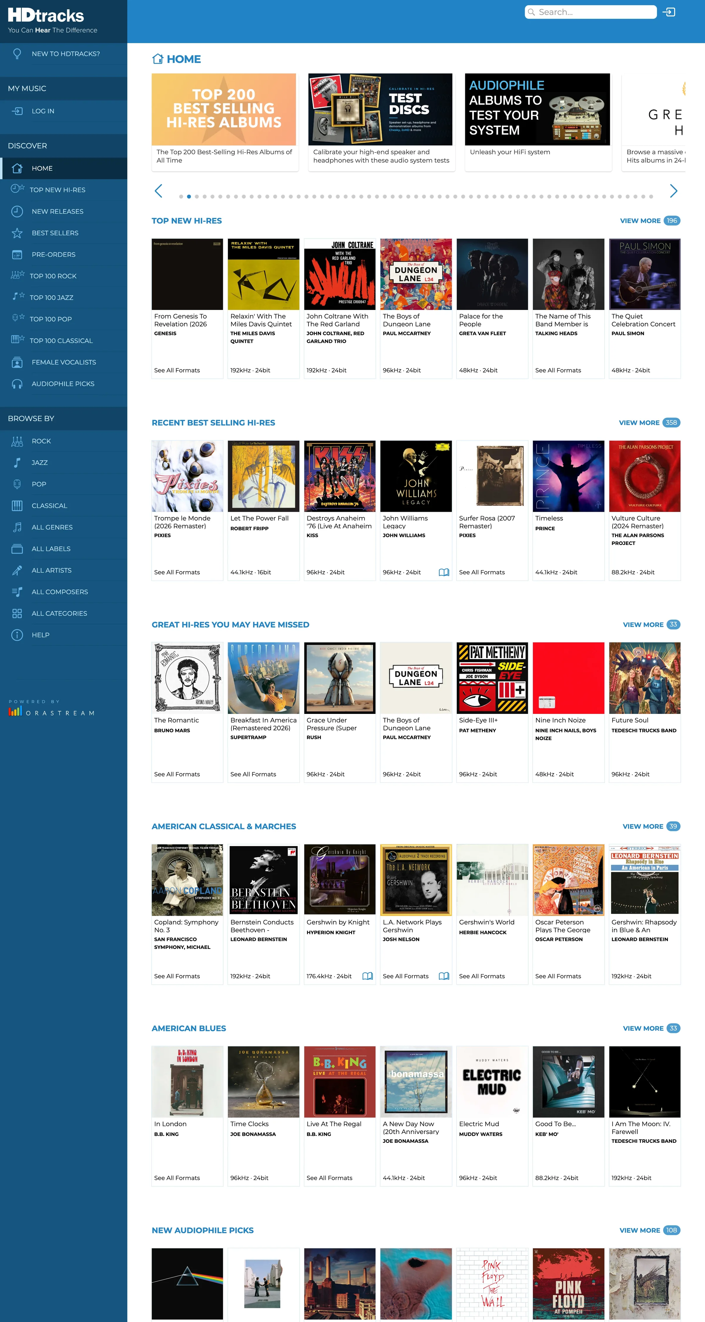 The store’s home page, top to bottom: featured collections, then rows of new, best-selling and hand-picked albums.