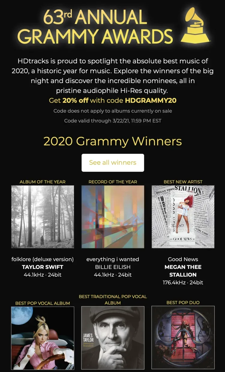 An email for the Grammy winners.