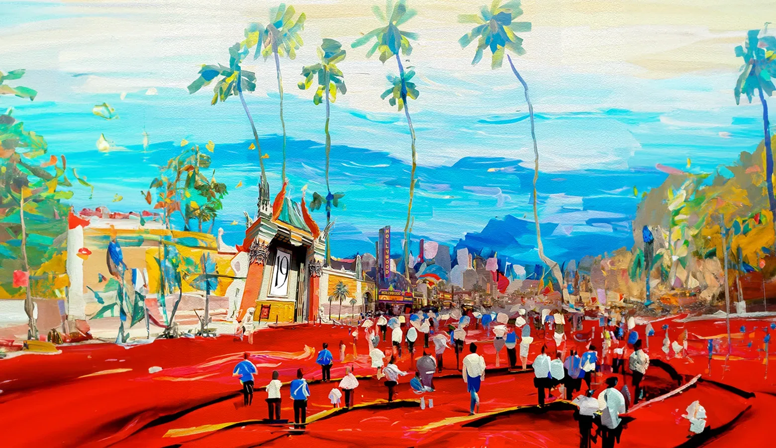 The 2023 festival art in wide format: palms, sea and a painted crowd on the red carpet.