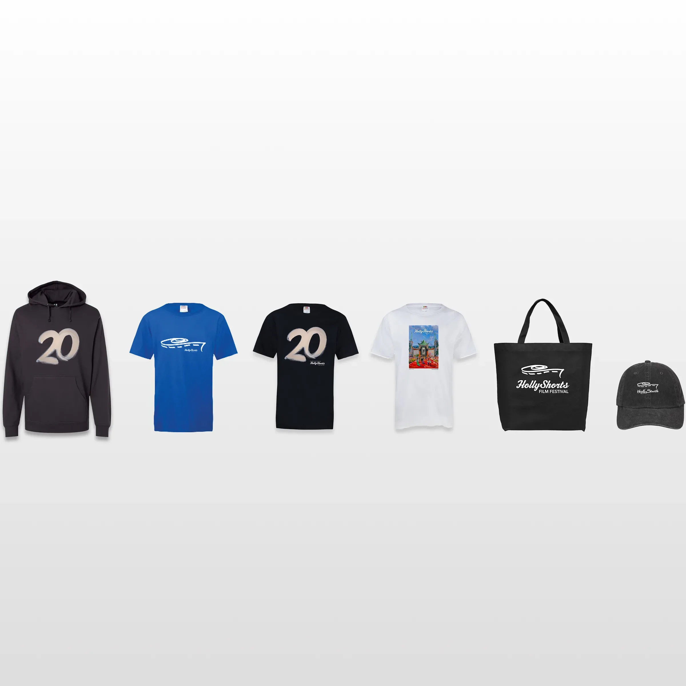 The 20th anniversary merch line: hoodies, shirts, hats and totes.