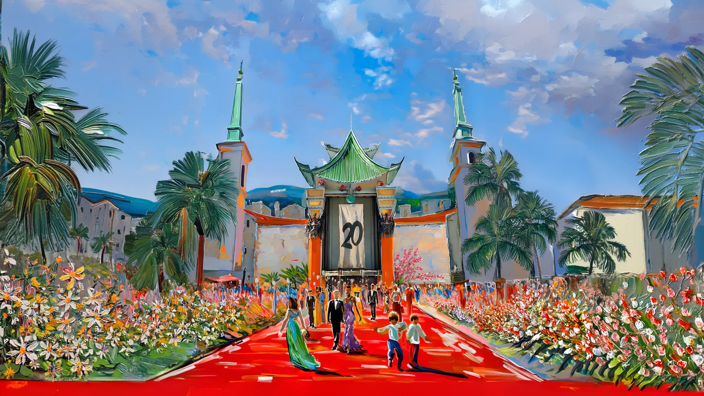 Hand-painted panorama of the TCL Chinese Theatre forecourt, with the red carpet and a crowd under the palms.