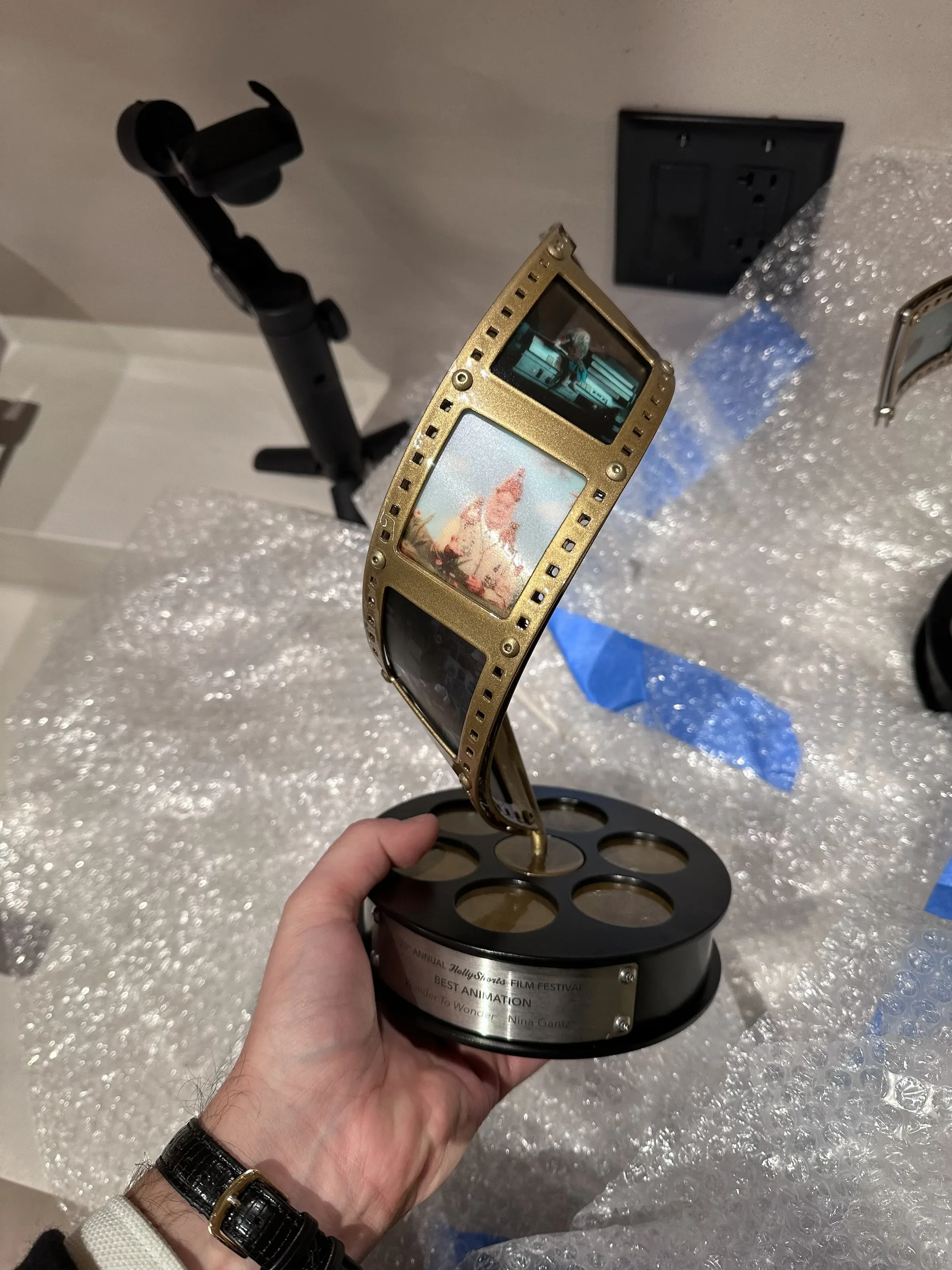 The film-reel award held in the hand.