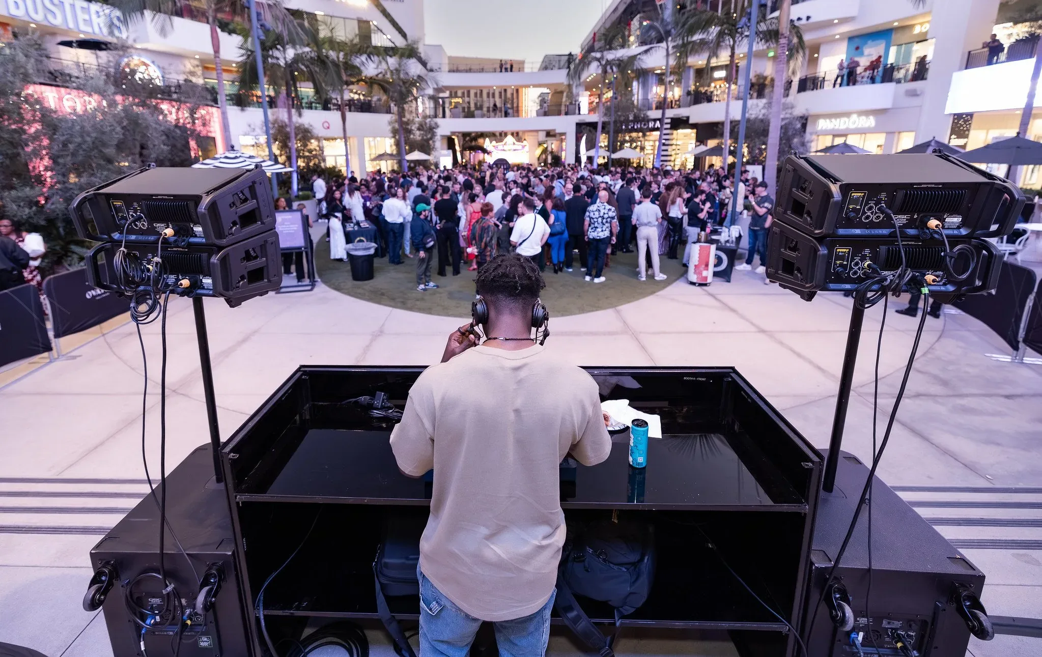 DJ booth facing the plaza crowd