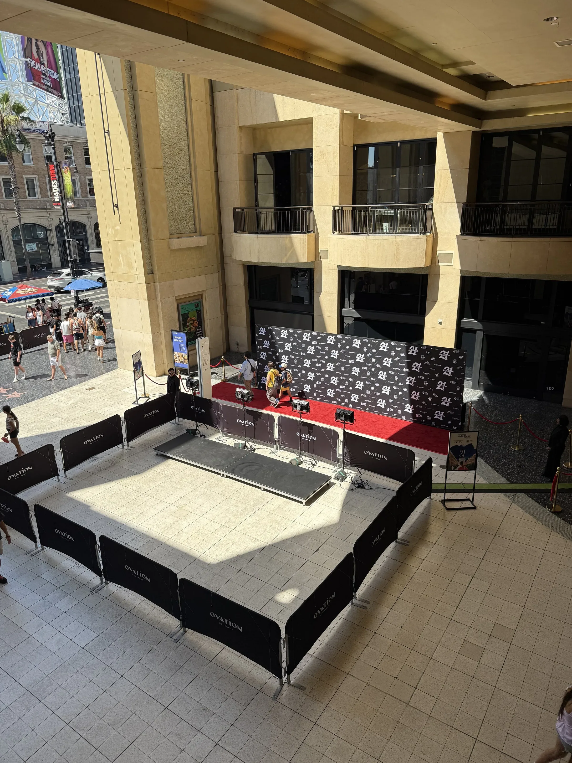 Overhead view of the outdoor stage and step-and-repeat