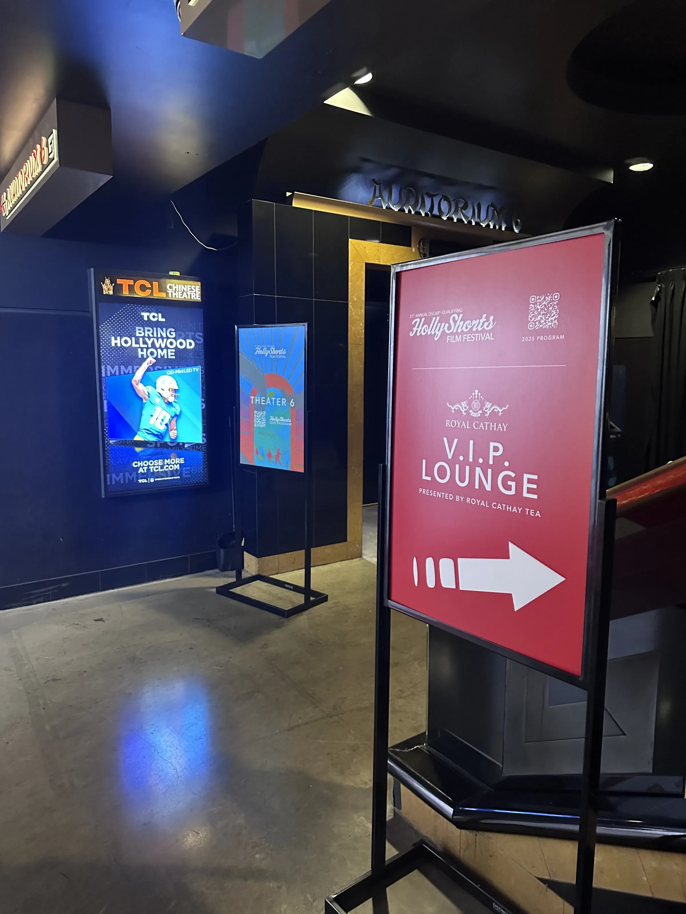 VIP Lounge directional sign in the theater hallway