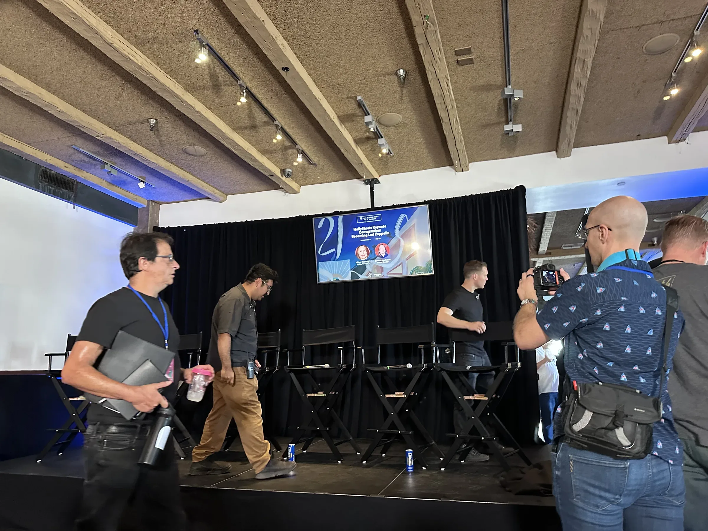 Crew setting up the Film Summit stage.
