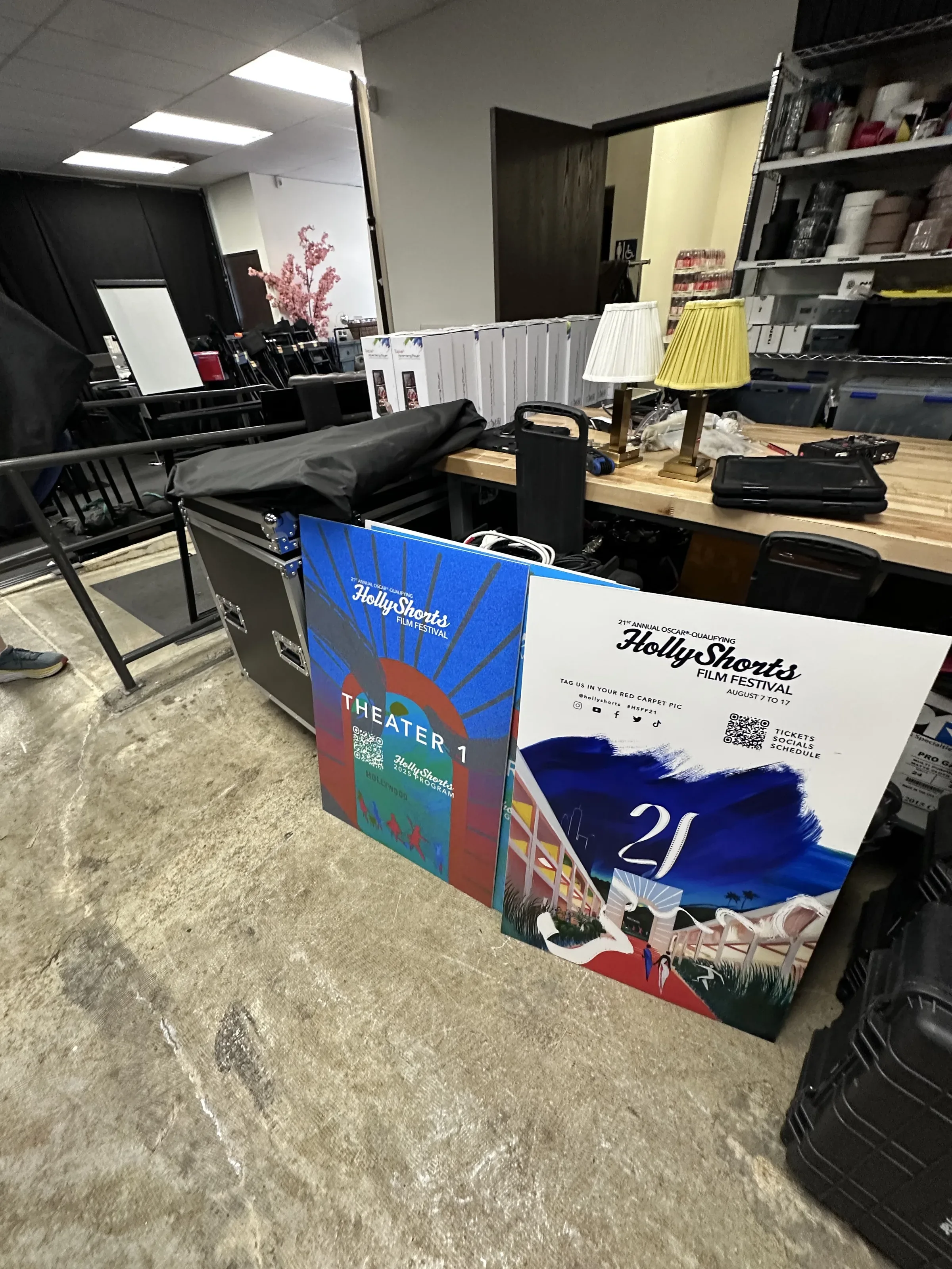 Printed signage staged for setup.