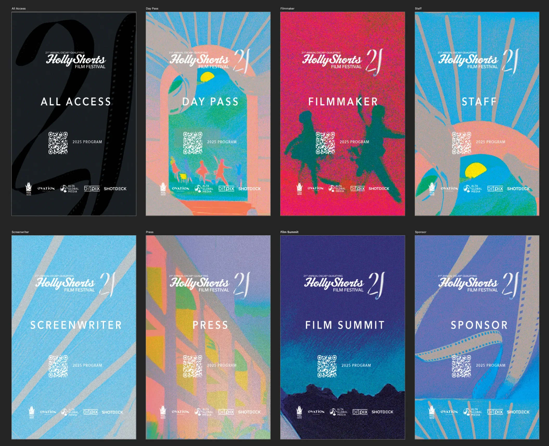The eight badge designs side by side.
