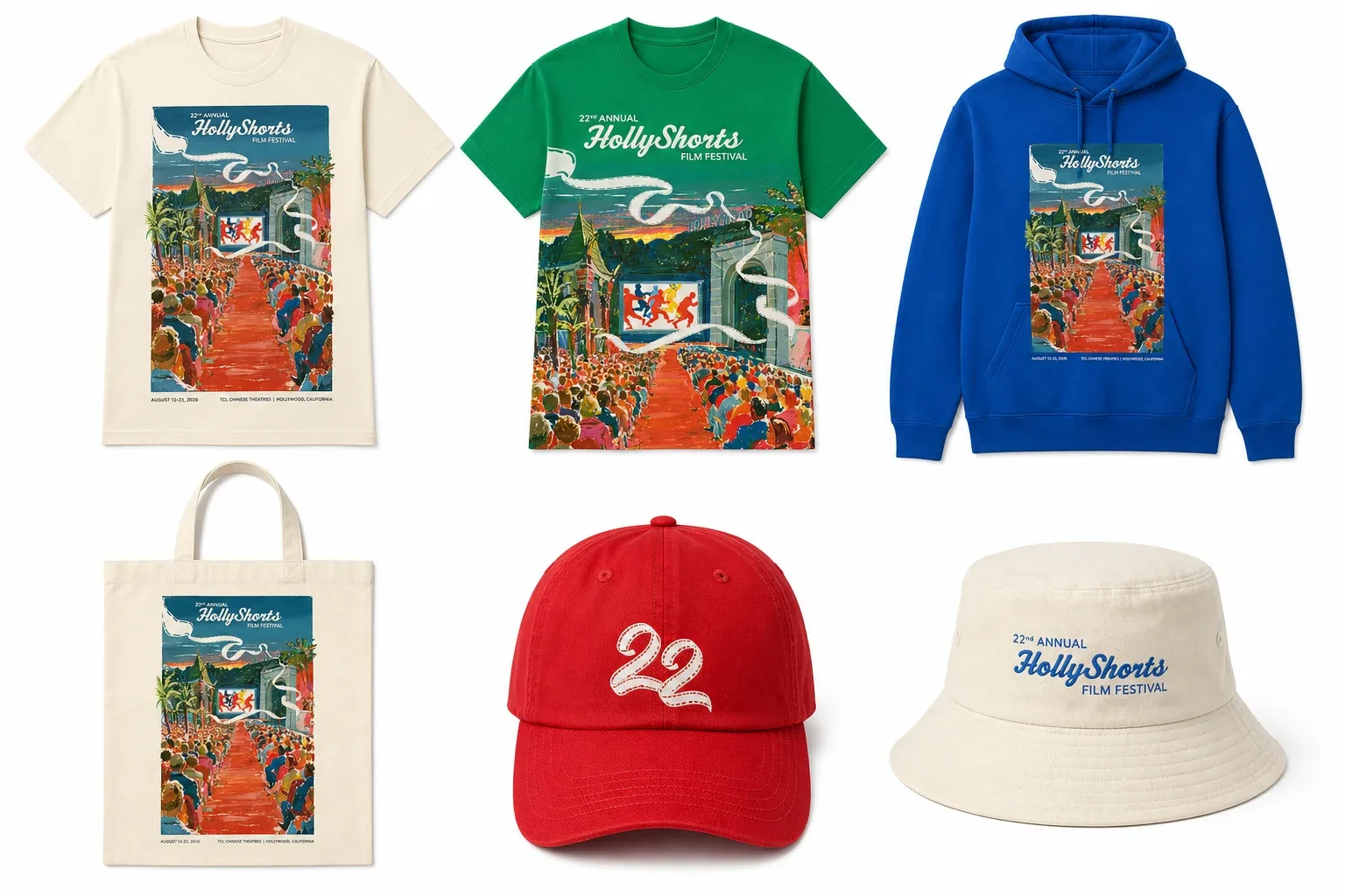 Merch mockups with the poster art.