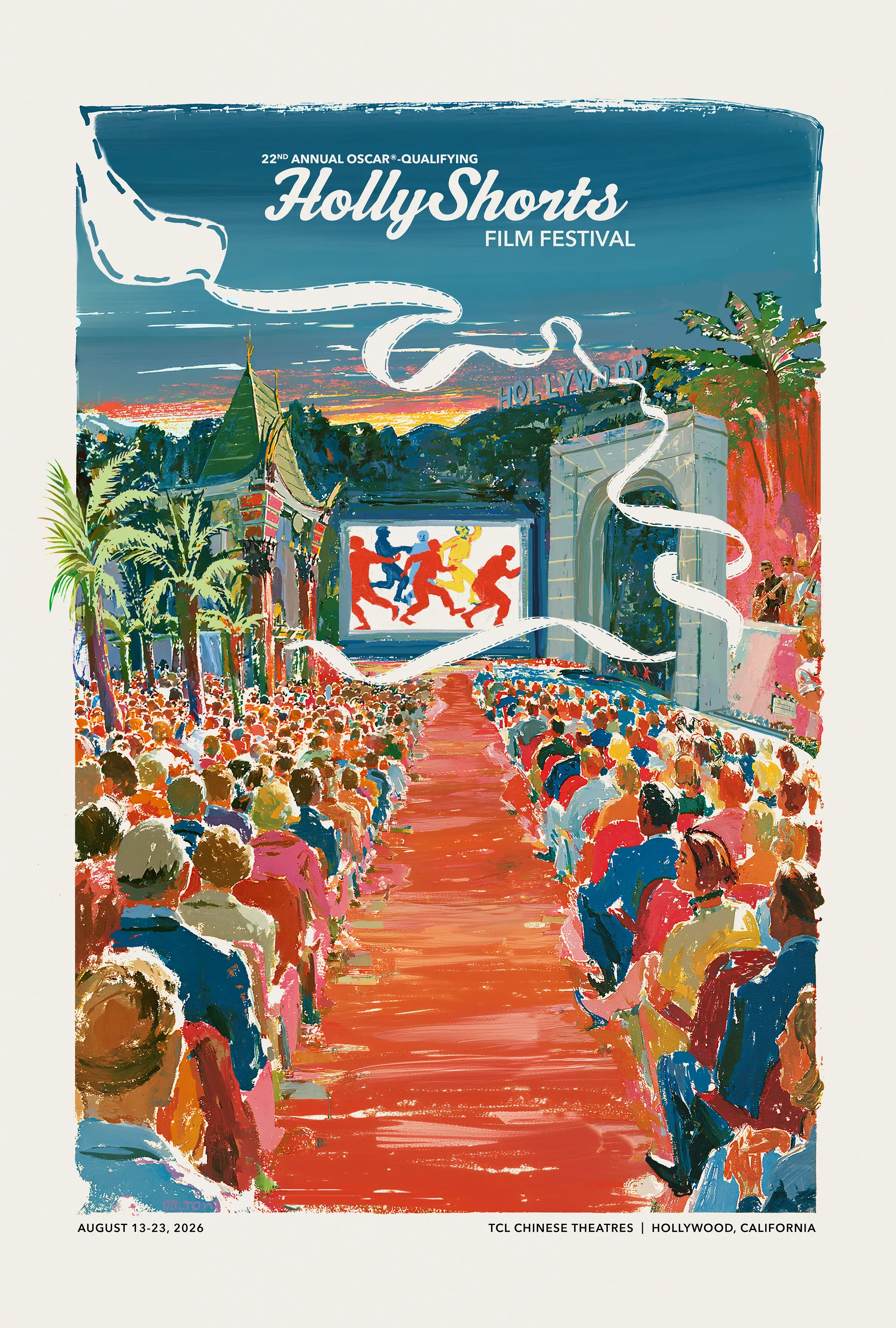 The official poster: a hand painting of the red carpet, the audience, the screen, the Chinese Theatre and the Ovation Hollywood arch.