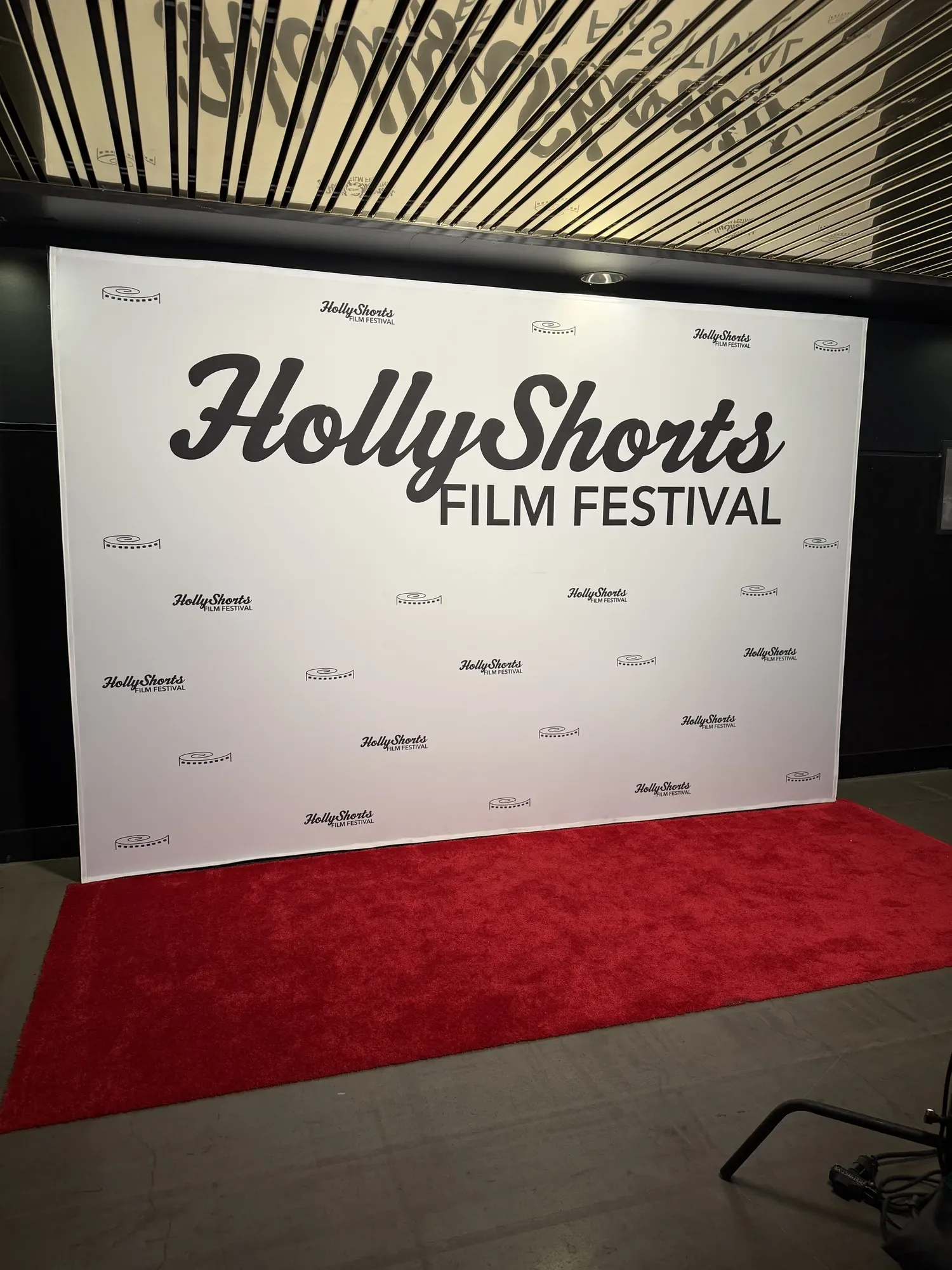 The white HollyShorts Film Festival step-and-repeat backdrop and red carpet