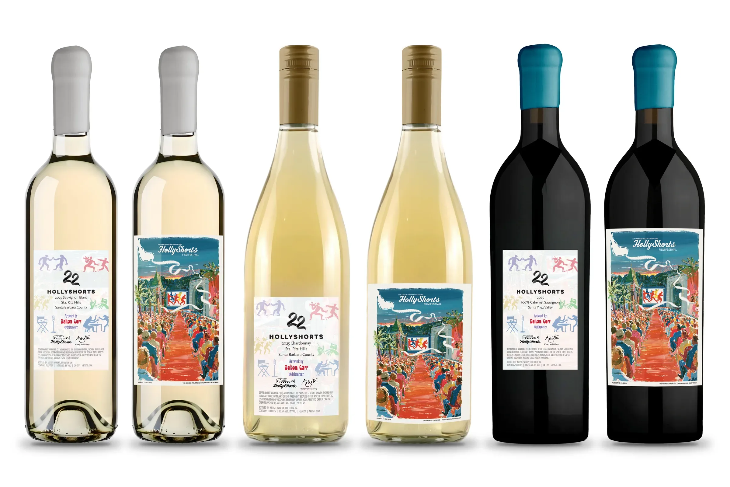 The festival wines, Sauvignon Blanc, Chardonnay and Cabernet Sauvignon, front and back labels.