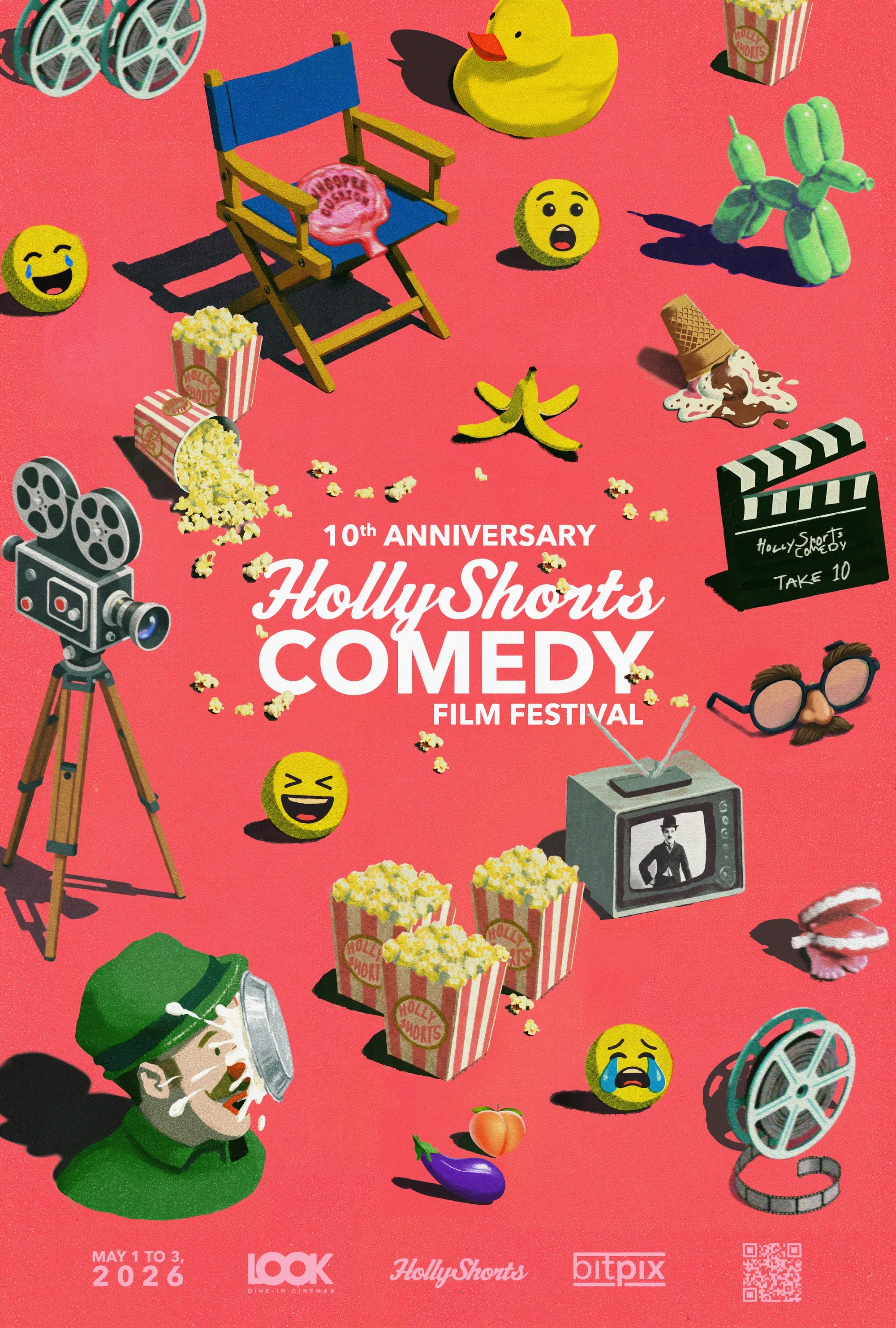 The anniversary poster: comedy props in isometric view on hot pink, with inflated, candy-like type.