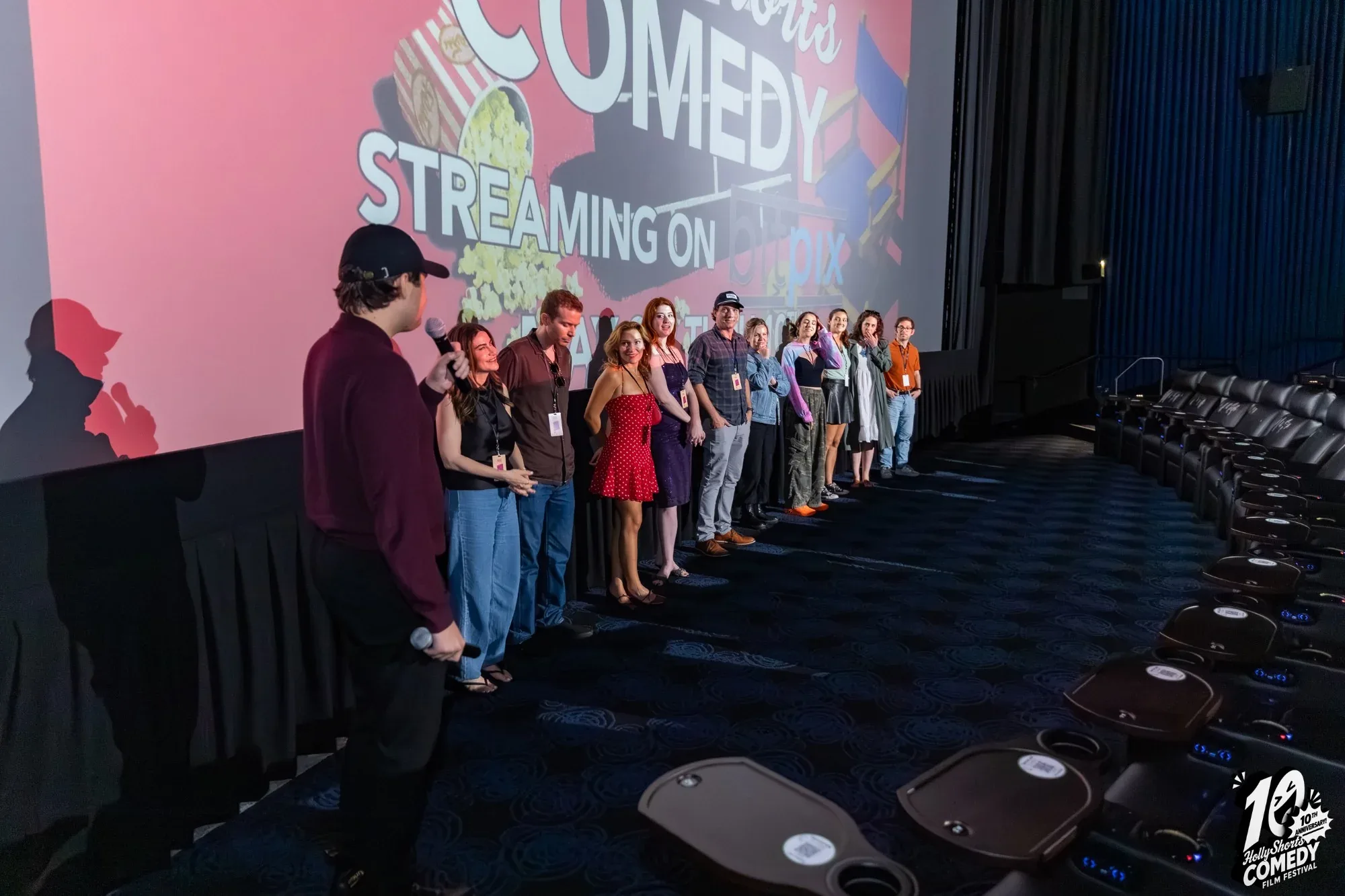 Filmmakers lined up for a Q&A in front of the HollyShorts Comedy slide