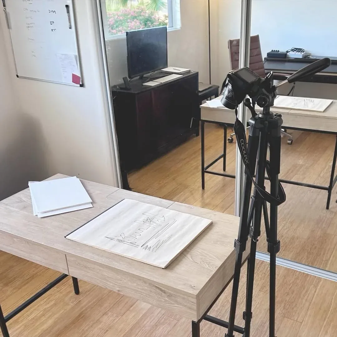 The drawing set up under a camera on a tripod.