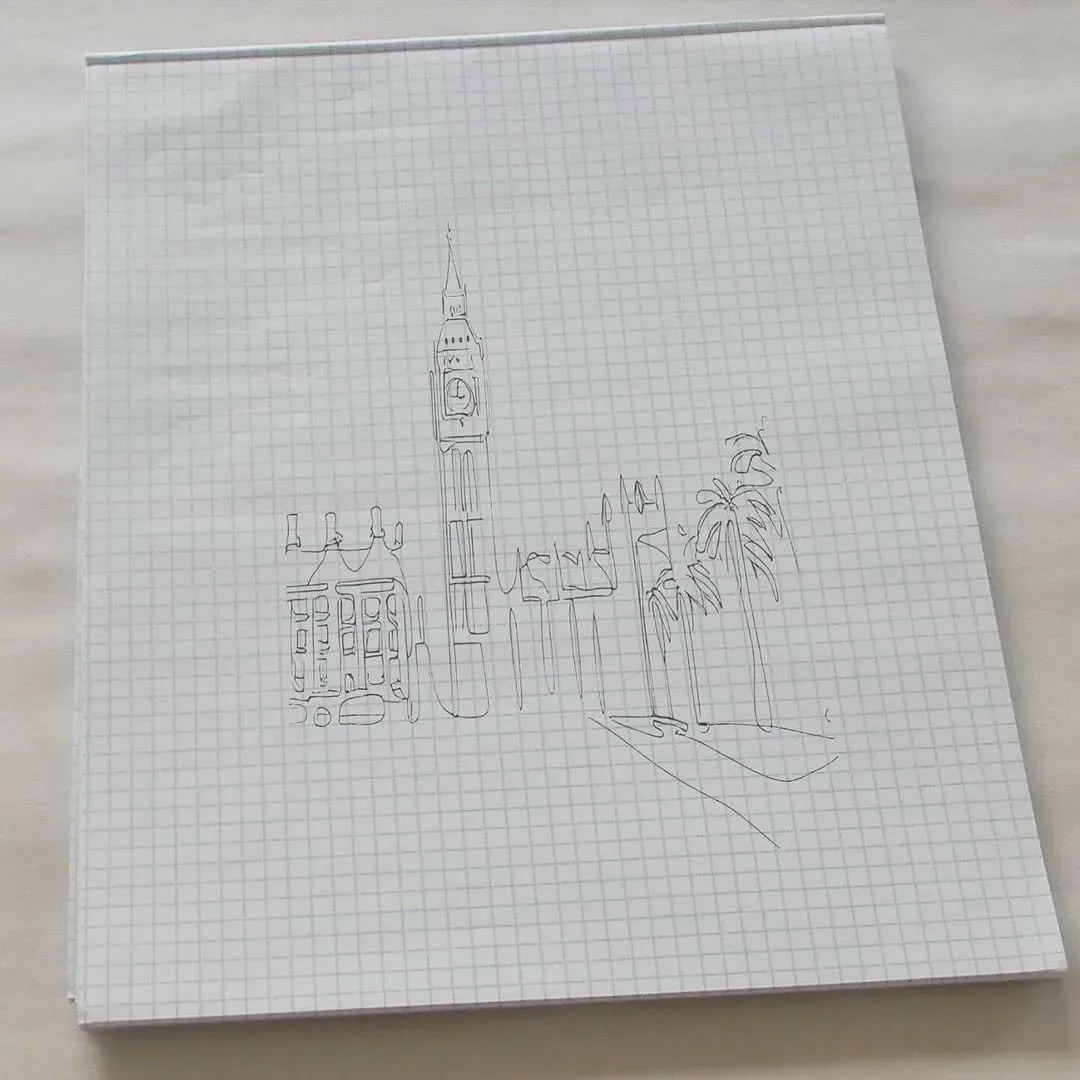 Pencil study of the Westminster skyline on grid paper.