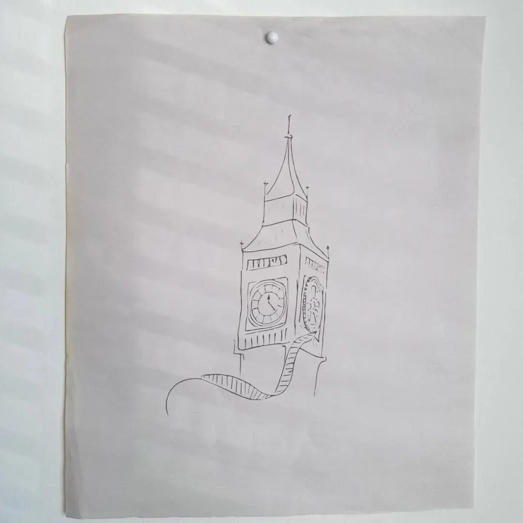Pencil drawing of the clock tower on white paper.