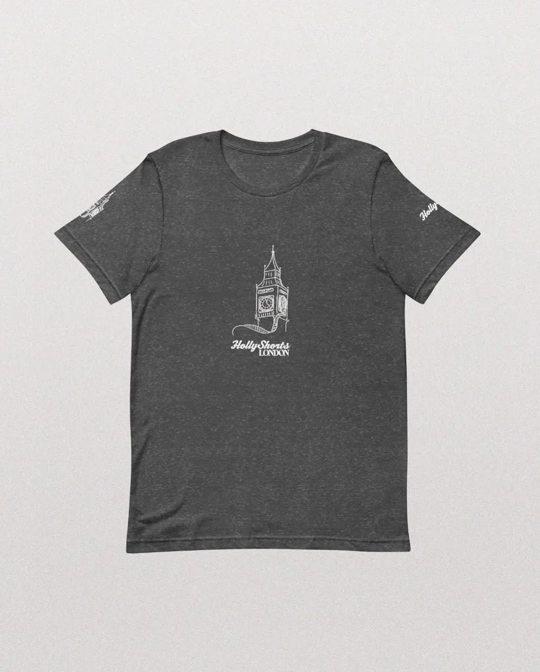 A gray tee printed with the drawn clock tower.