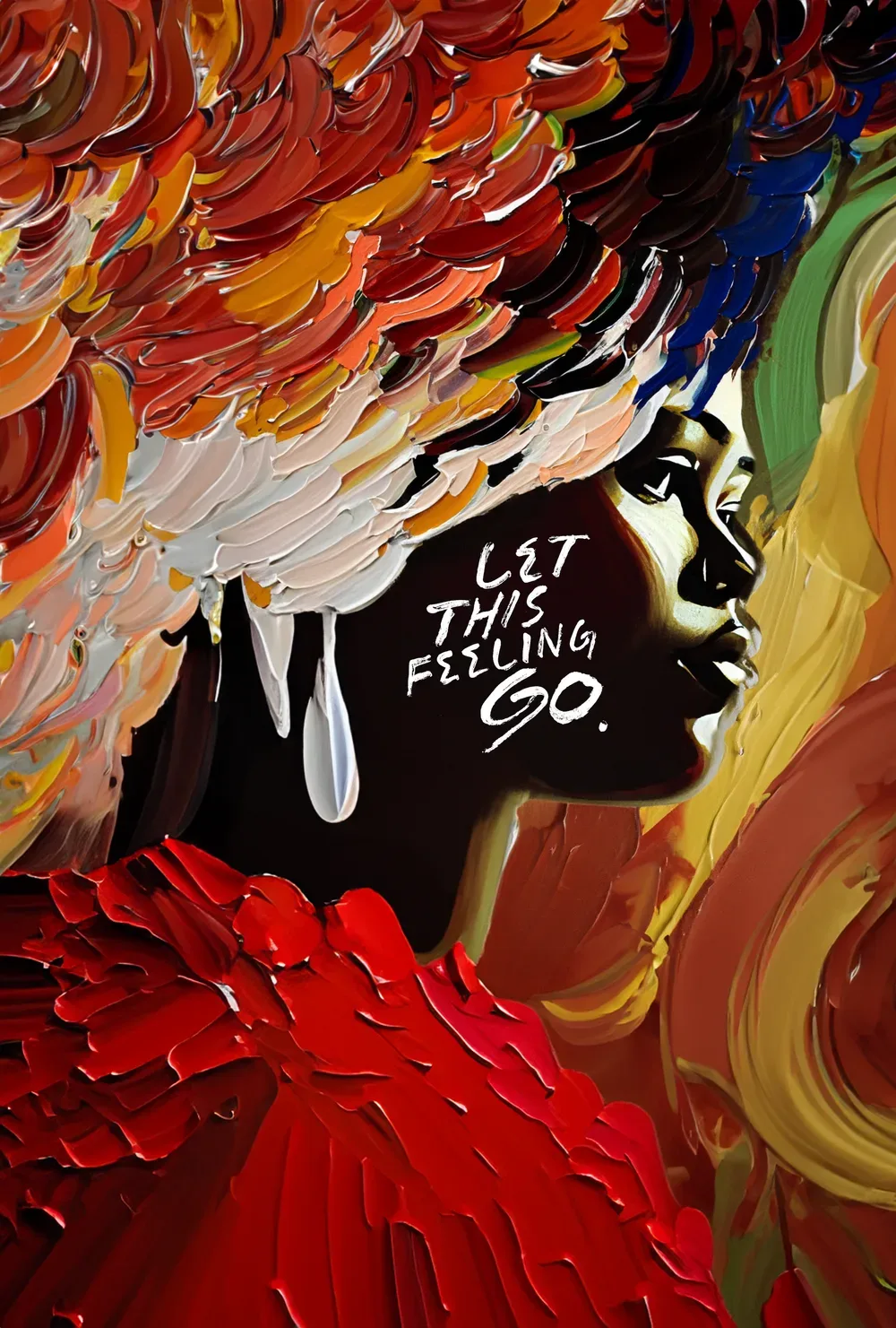 The poster in red and orange: the woman in profile, with a long white earring.