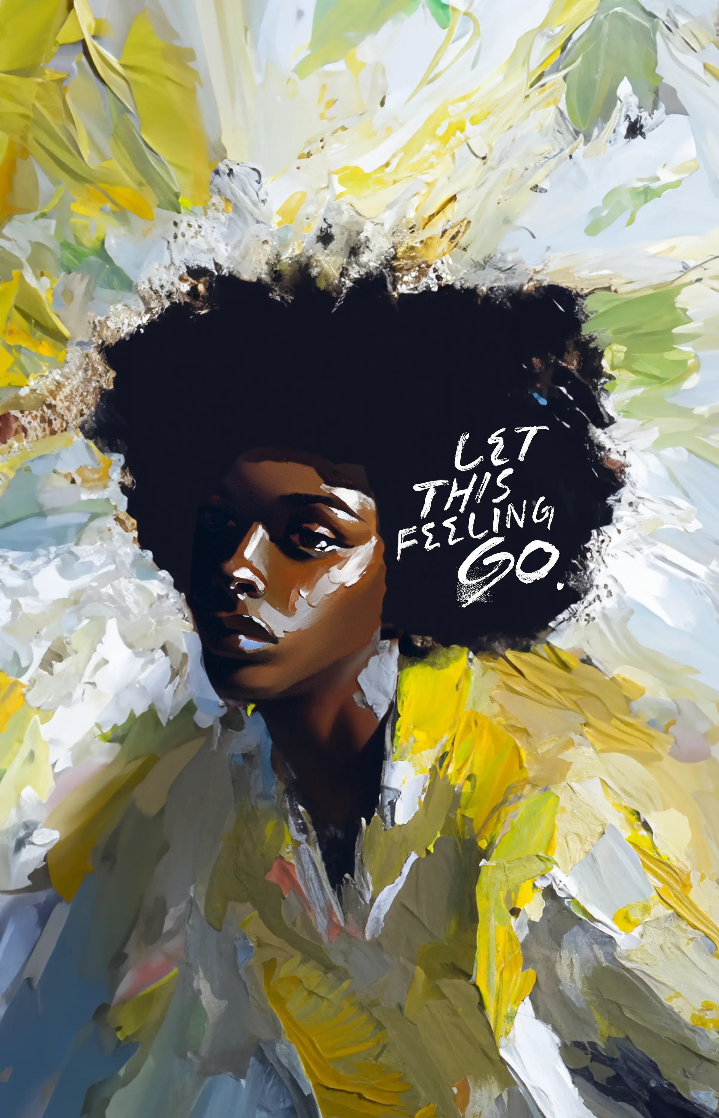 The poster in yellow and white: a woman with dark hair, painted in thick strokes, the title lettered beside her face.