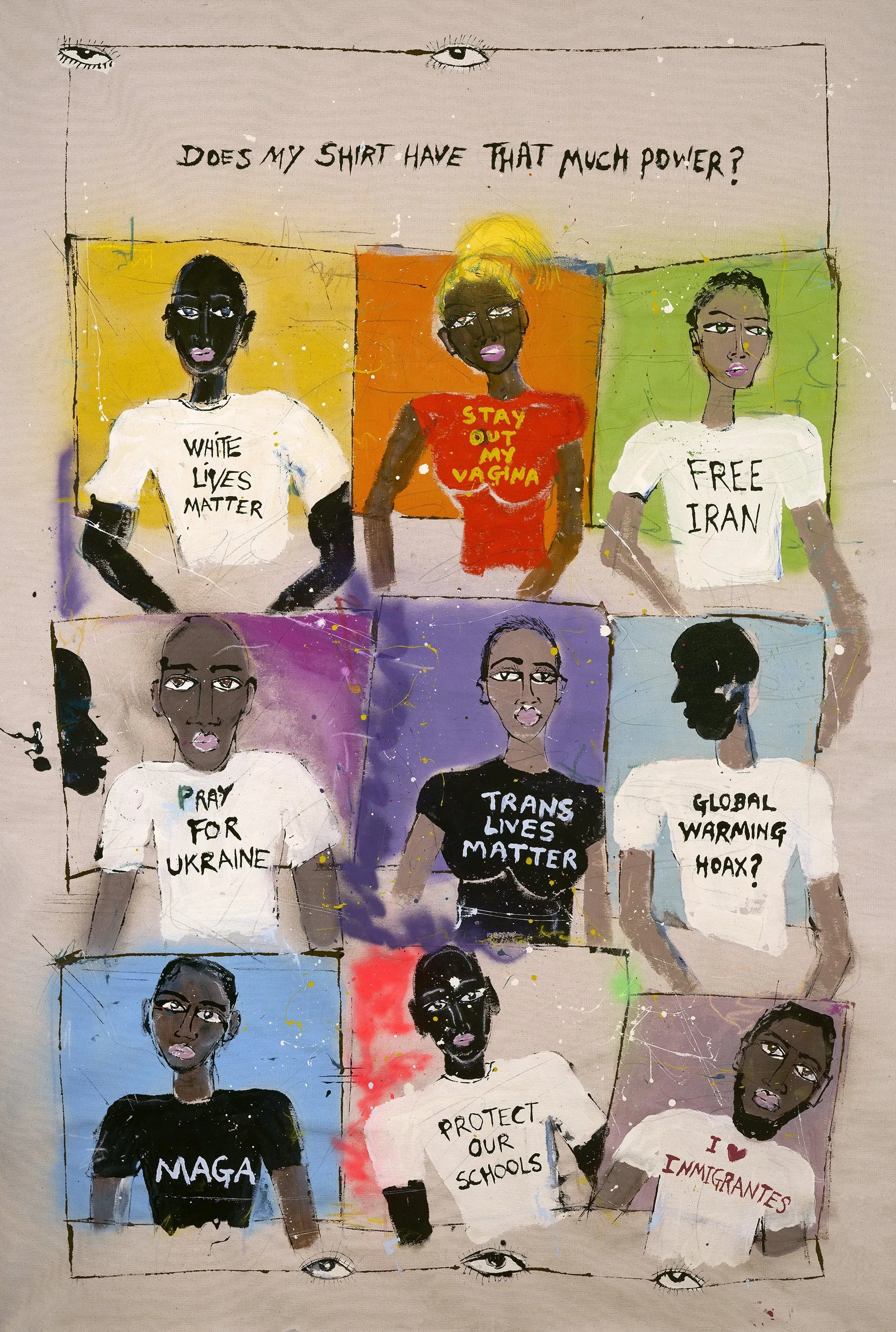 A second painting by Miles Regis: a crowd of figures in printed tees.