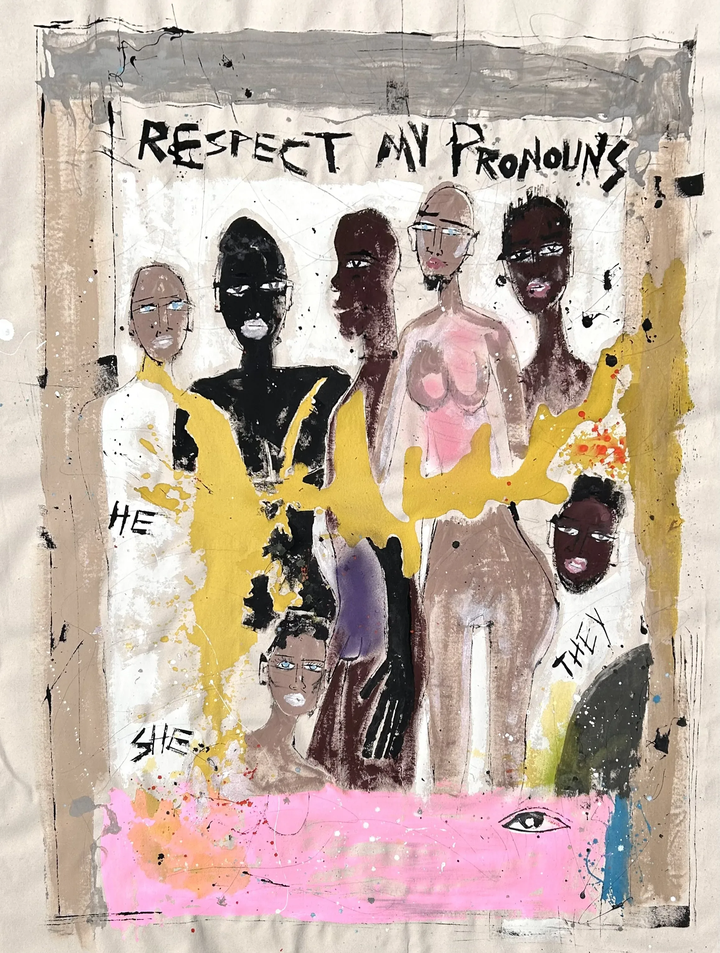 A painting by Miles Regis: figures under the words “Respect my pronouns.”