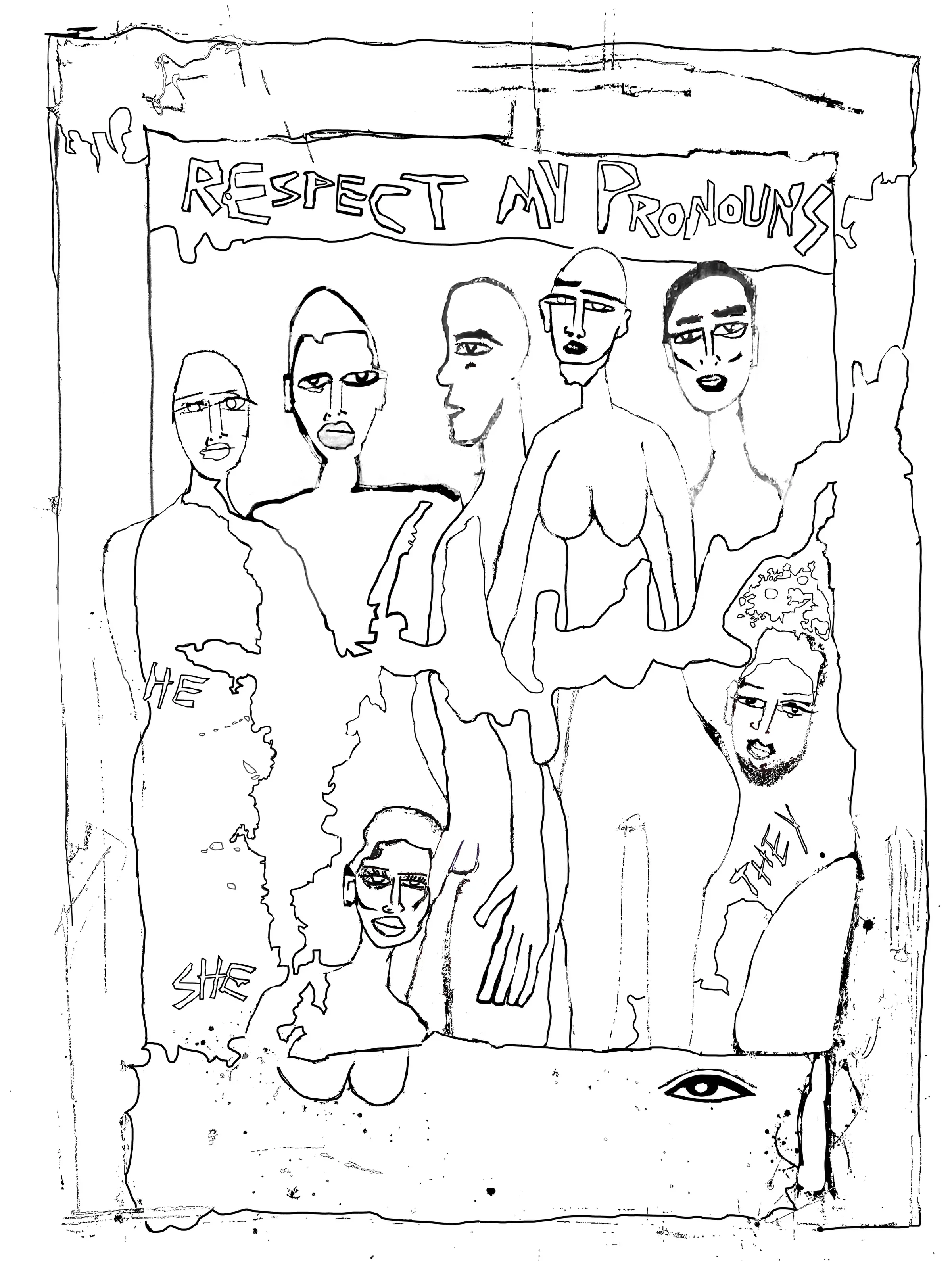 The same painting, adapted by hand into a black-and-white line drawing for coloring.