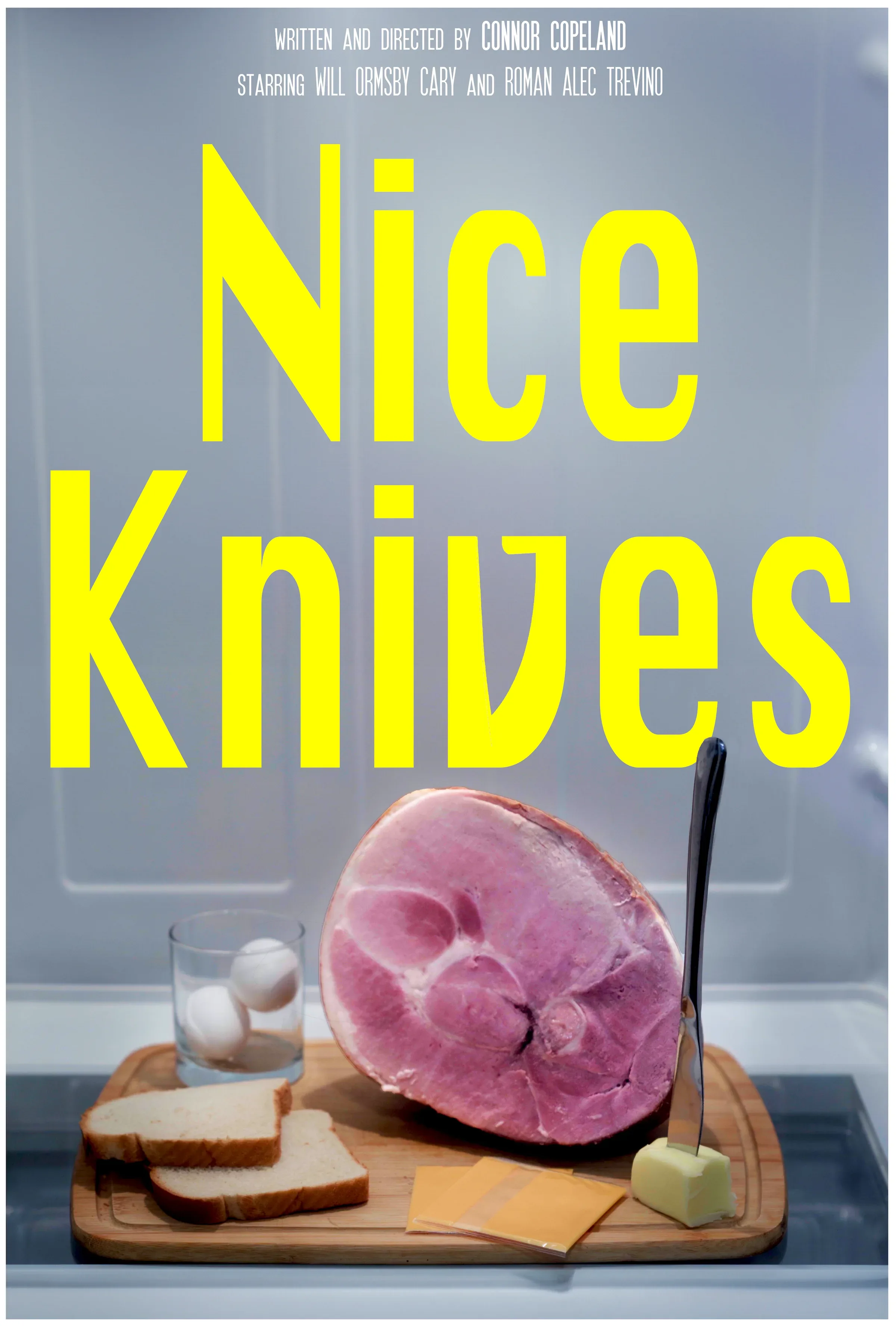 The “Nice Knives” poster: a ham on a cutting board with bread, cheese and butter, a knife standing upright, under the title in yellow.