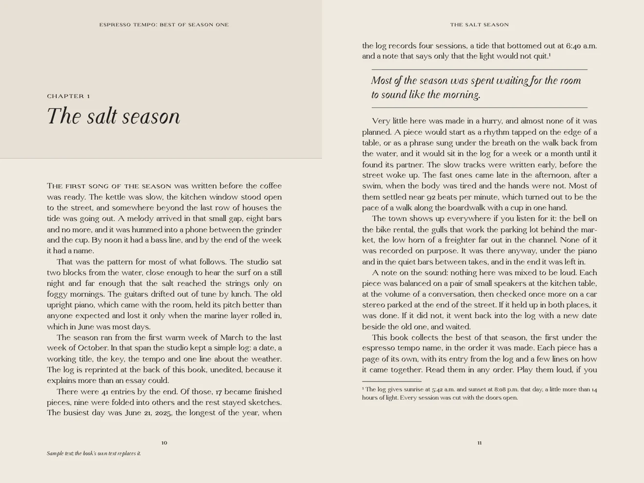Two facing book pages set in Opmet Serif: a chapter opening in Display Italic, with justified text in Text Regular, small caps and a pull quote in italic.