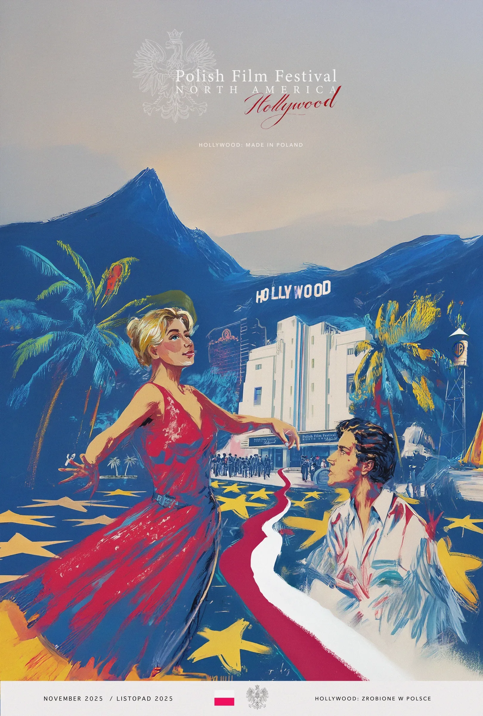 The Polish Film Festival North America poster: a couple walking across a globe ringed with Hollywood landmarks.