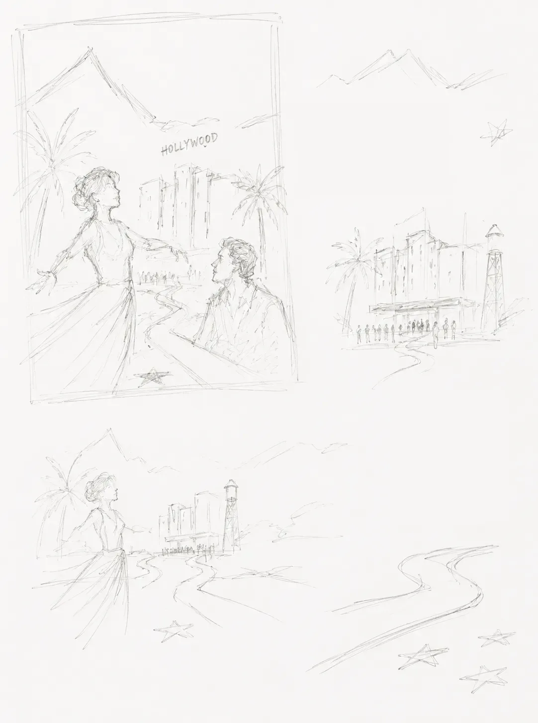 Pencil thumbnails of the poster composition.