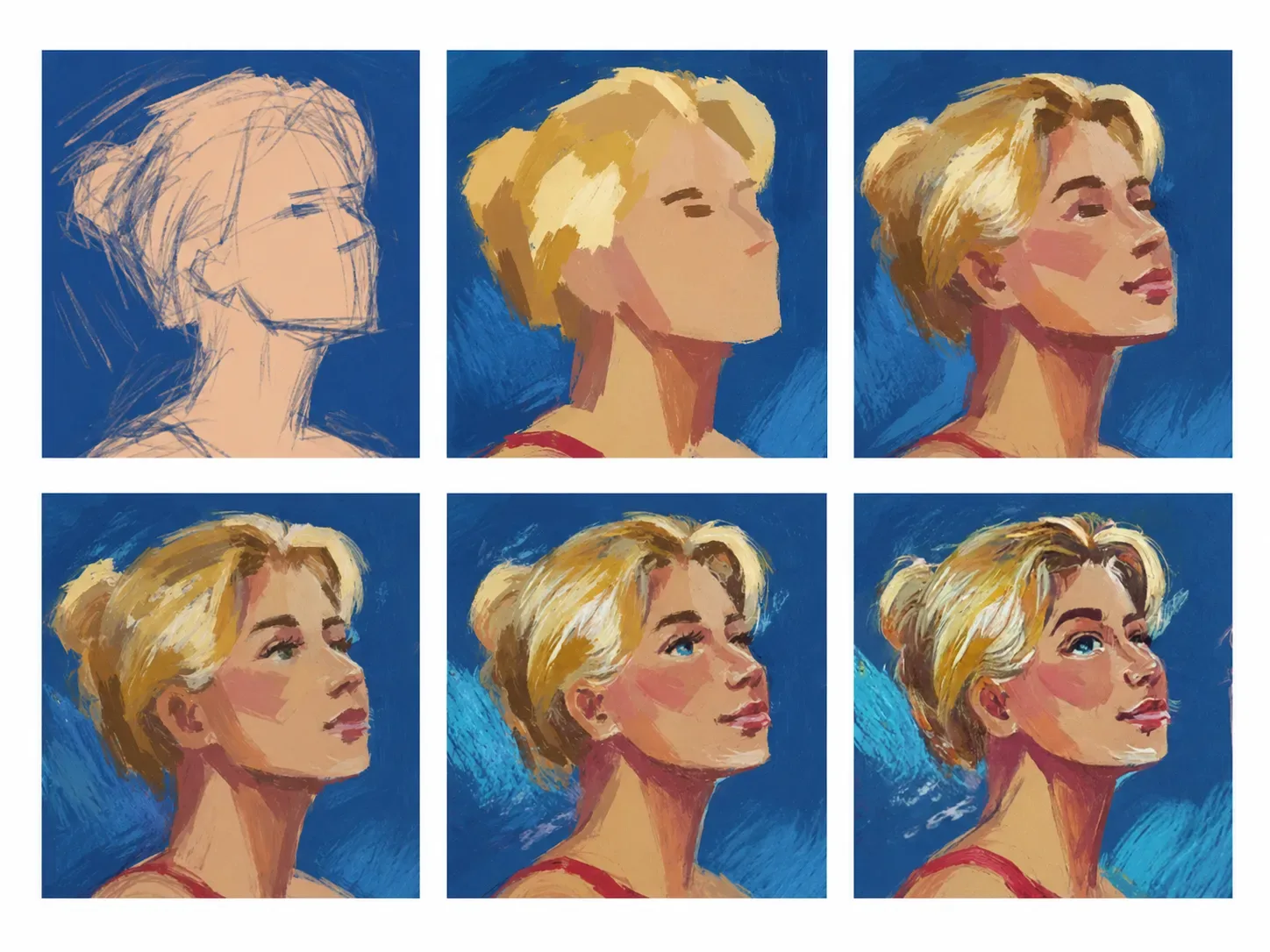 Six-panel study taking the woman’s face from sketch to paint.