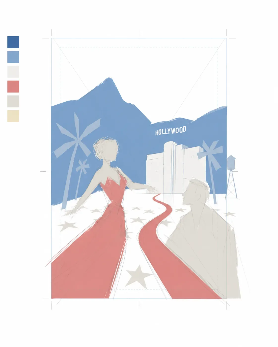 Digital flat-color block-in, with palette swatches.