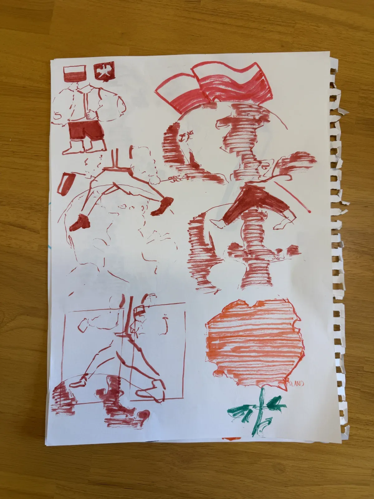 Red marker iconography studies, including the map of Poland motif.