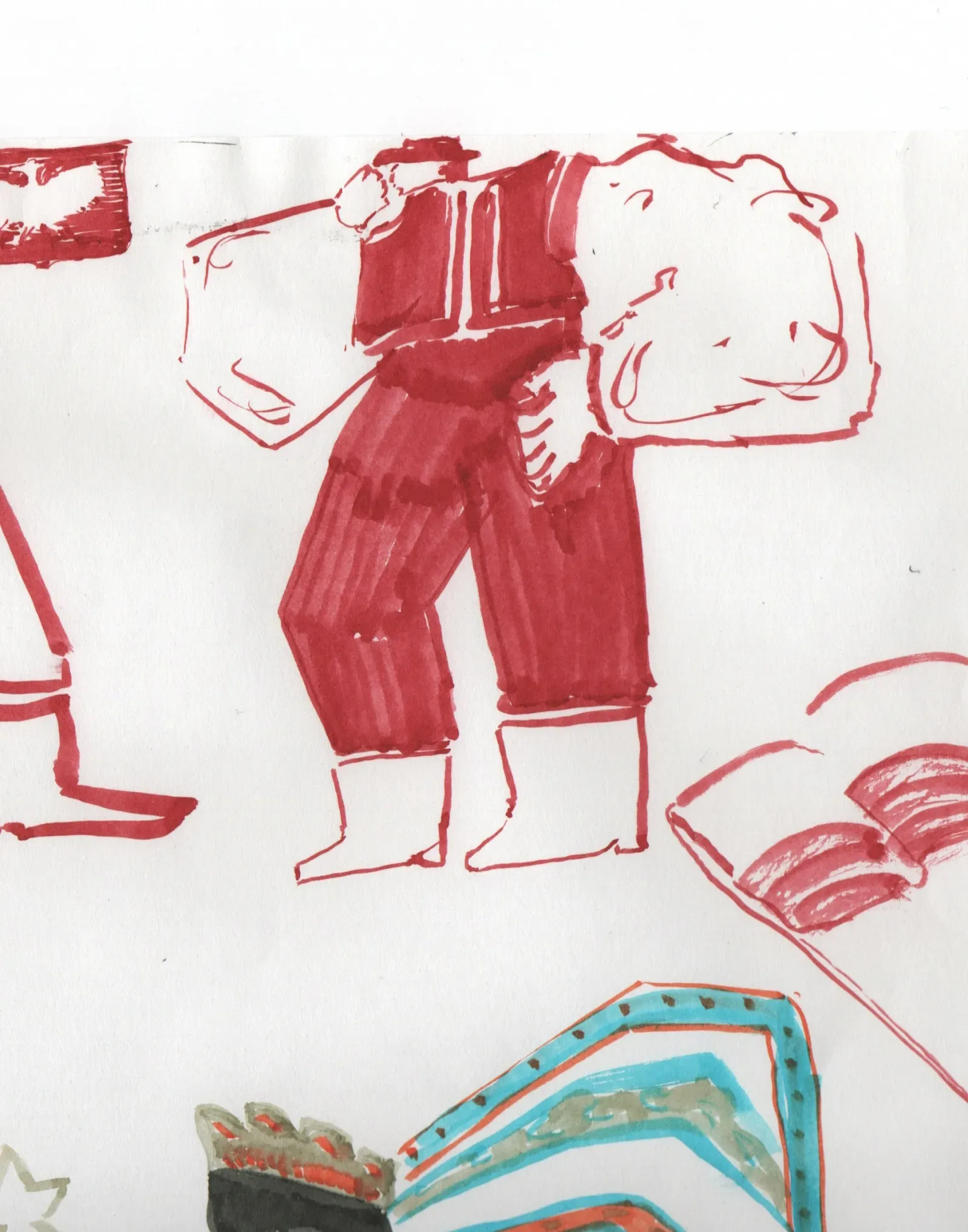 Red marker study of a Polish folk figure.