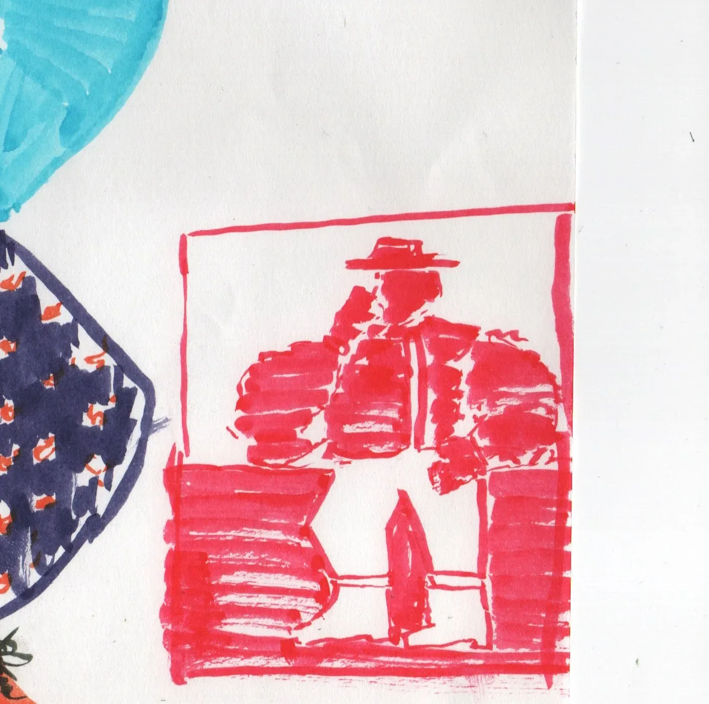 Red marker study of a man in a hat.