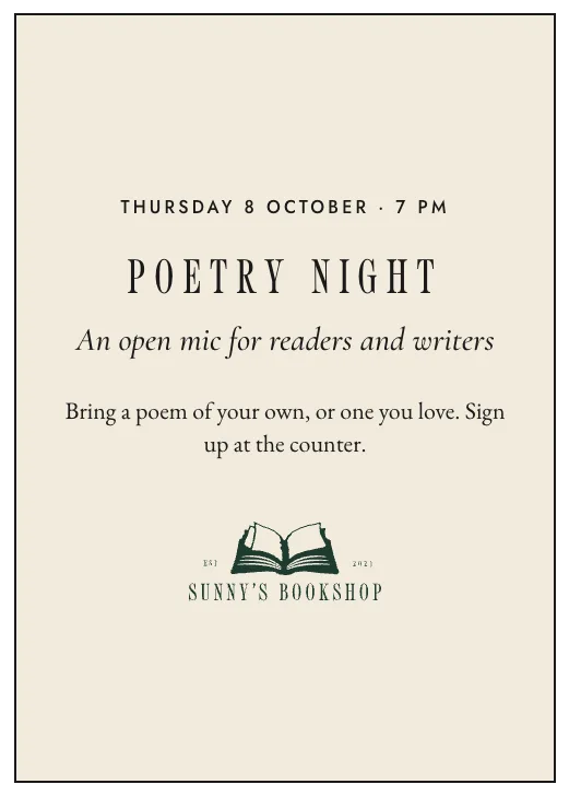 An event card: poetry night, an open mic for readers and writers.