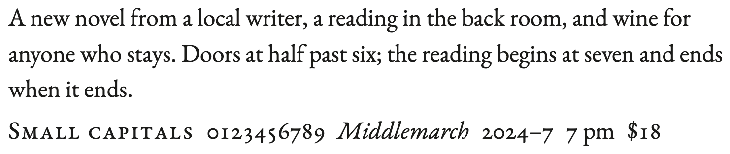 EB Garamond: a paragraph about a reading in the back room, then small capitals, figures and an italic title.