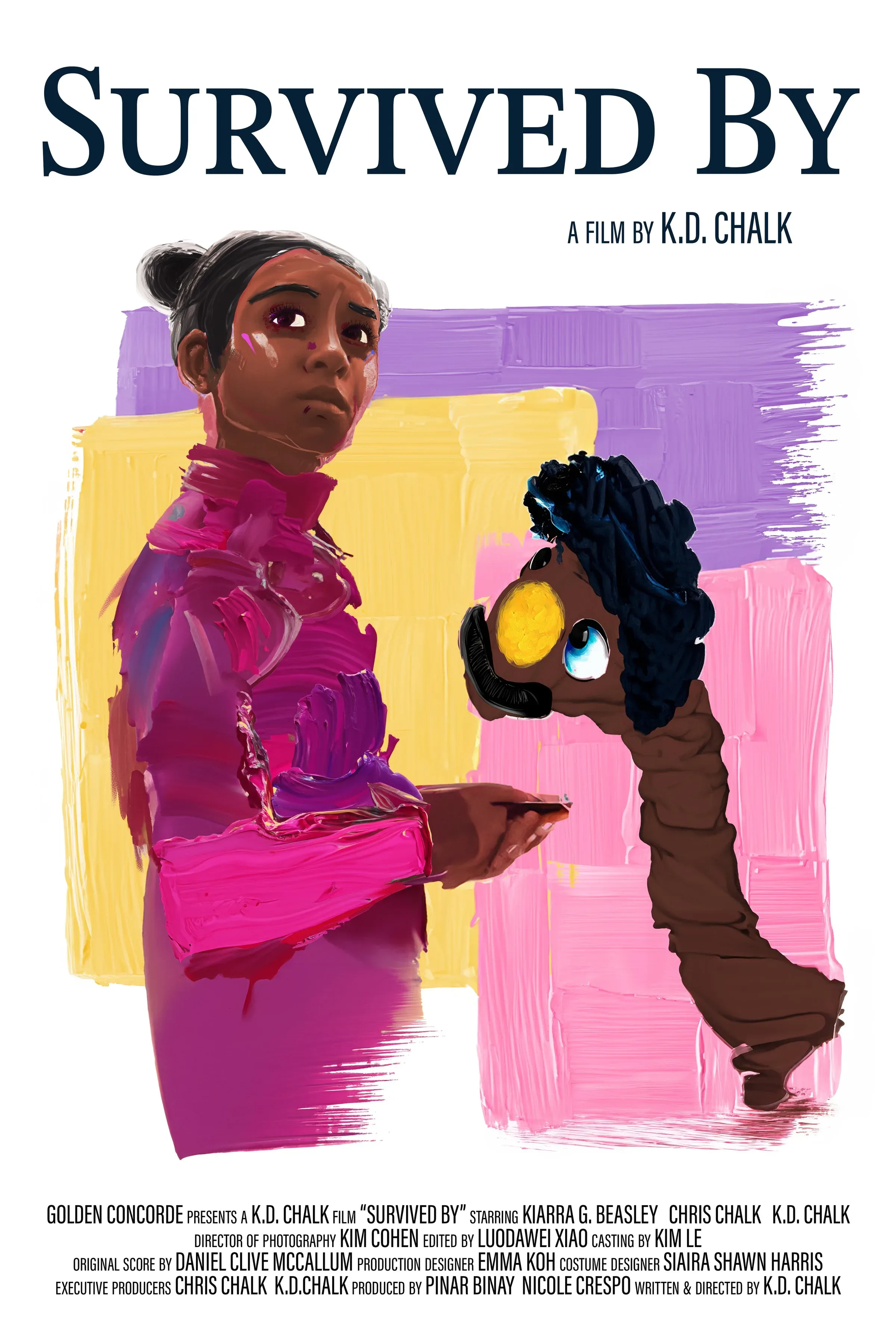 The “Survived By” one-sheet: a painted woman in pink holding a record.