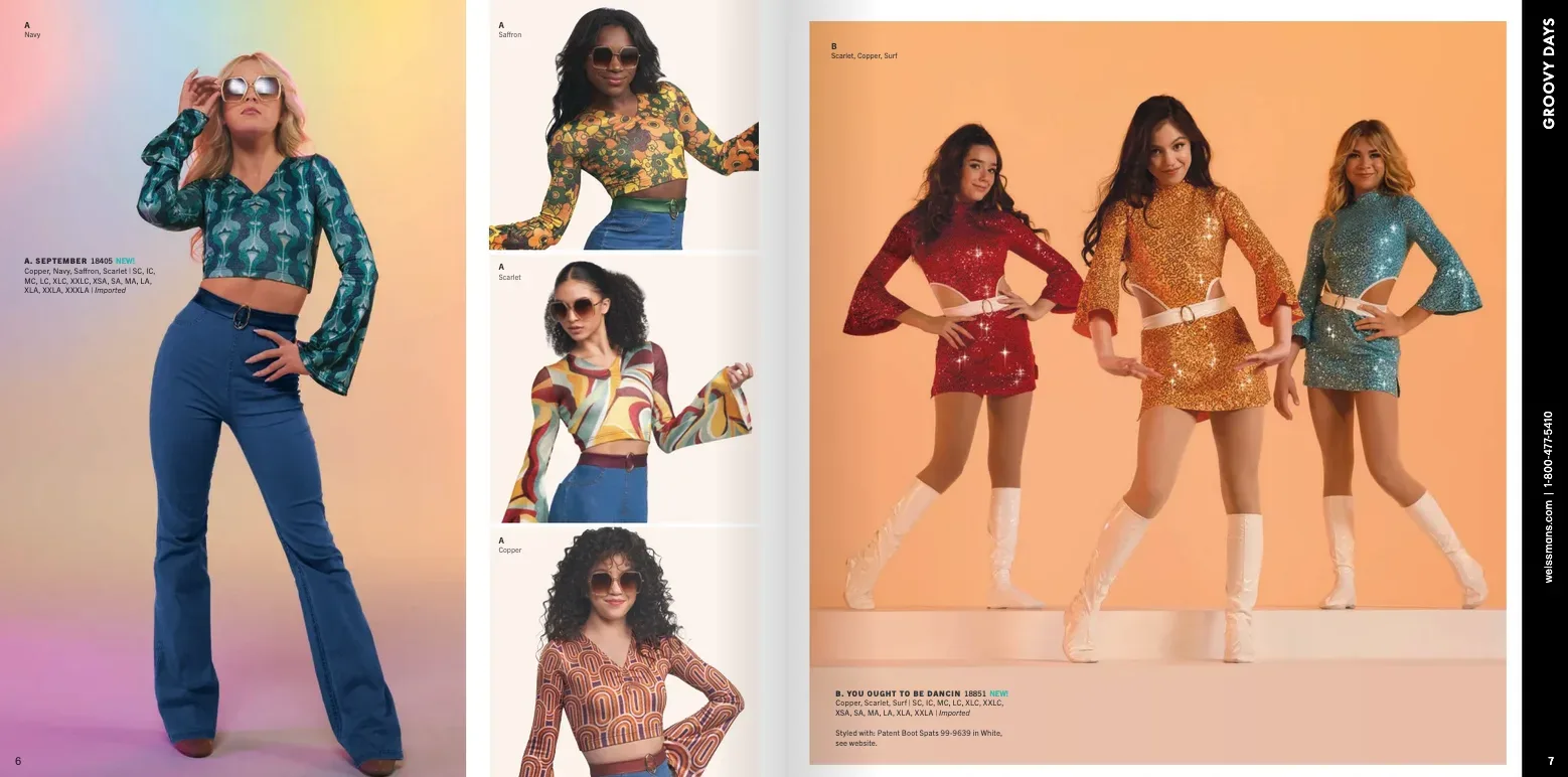 Weissman catalog product spread: retro fashion with pink sequined crop top and checkered shorts