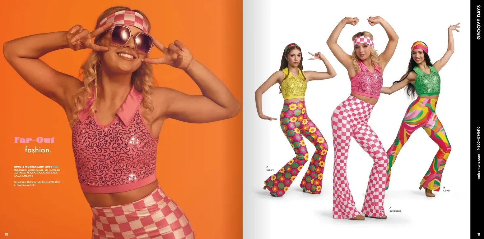 The Far-Out Fashion spread: five dancers in jewel-tone sequined jumpsuits.
