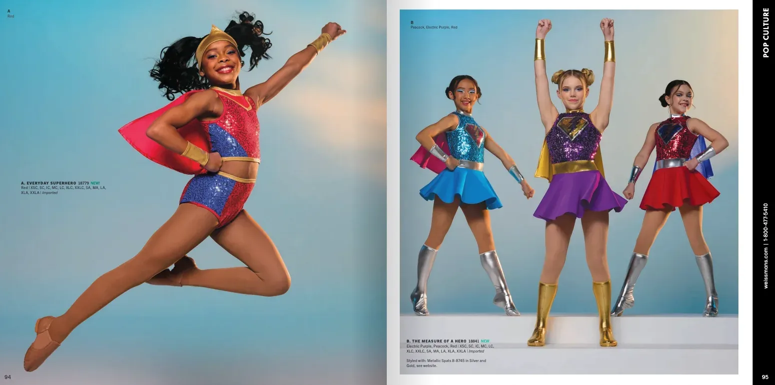 Weissman catalog Everyday Superhero spread: dancer in superhero costume with cape against bright blue sky