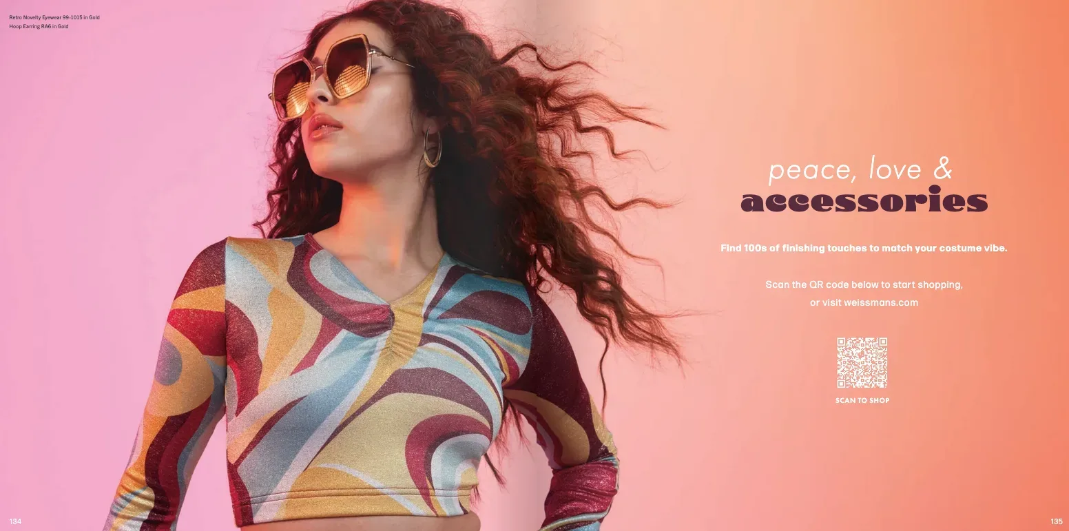 Weissman catalog accessories closer: peace, love and accessories headline with sunglasses model and QR code